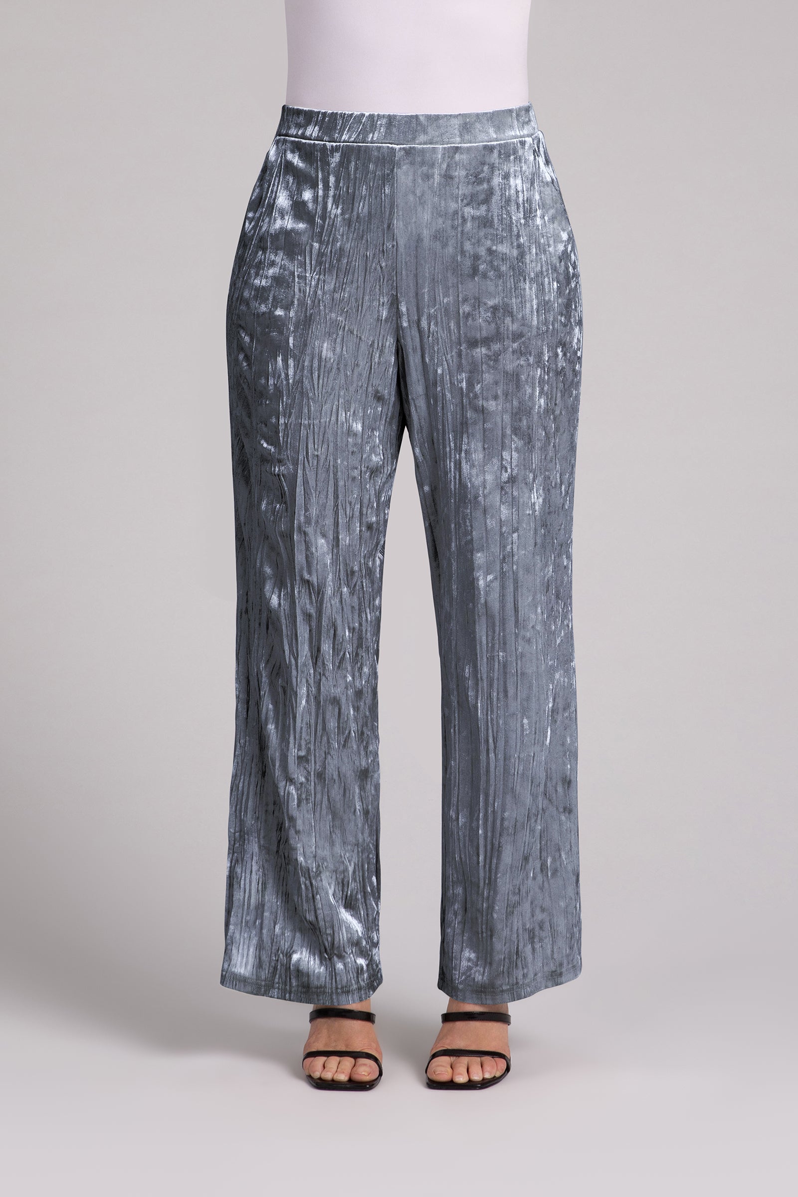 Crinkle Velvet Straight Leg Pants for Women - Gunmetal Gray High Waisted Trousers | Comfortable Office Wear & Night Out Outfit