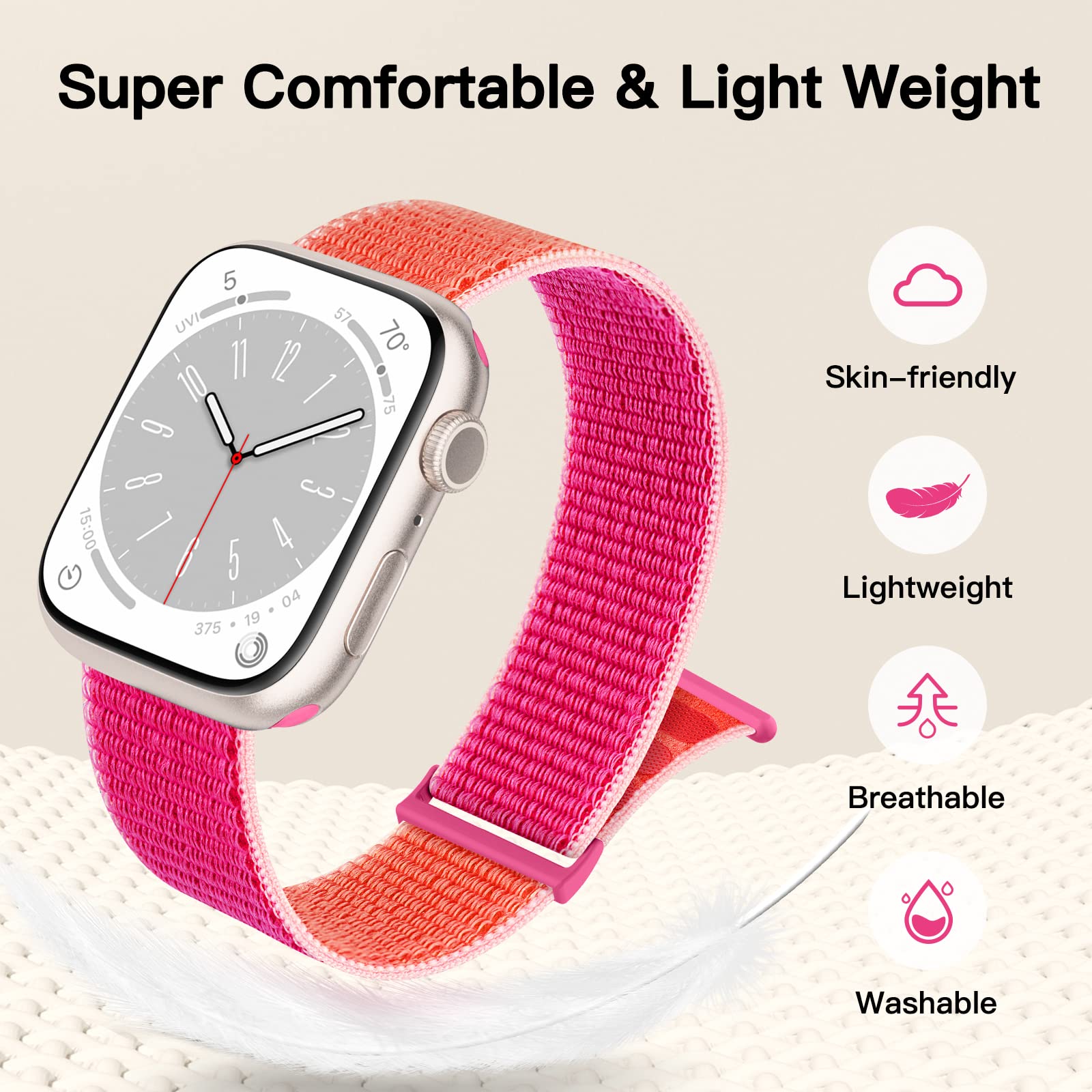 Yoohoo Upgraded Soft Nylon Replacement Watch Band Compatible with Apple Watch Series 10/9/8/7/6/5/4/3/2/1/SE (38mm 40mm 41mm 42mm) - Shock Pink - Comfortable & Durable Strap for Women & Men | Perfect for Workouts, Running & Everyday Wear