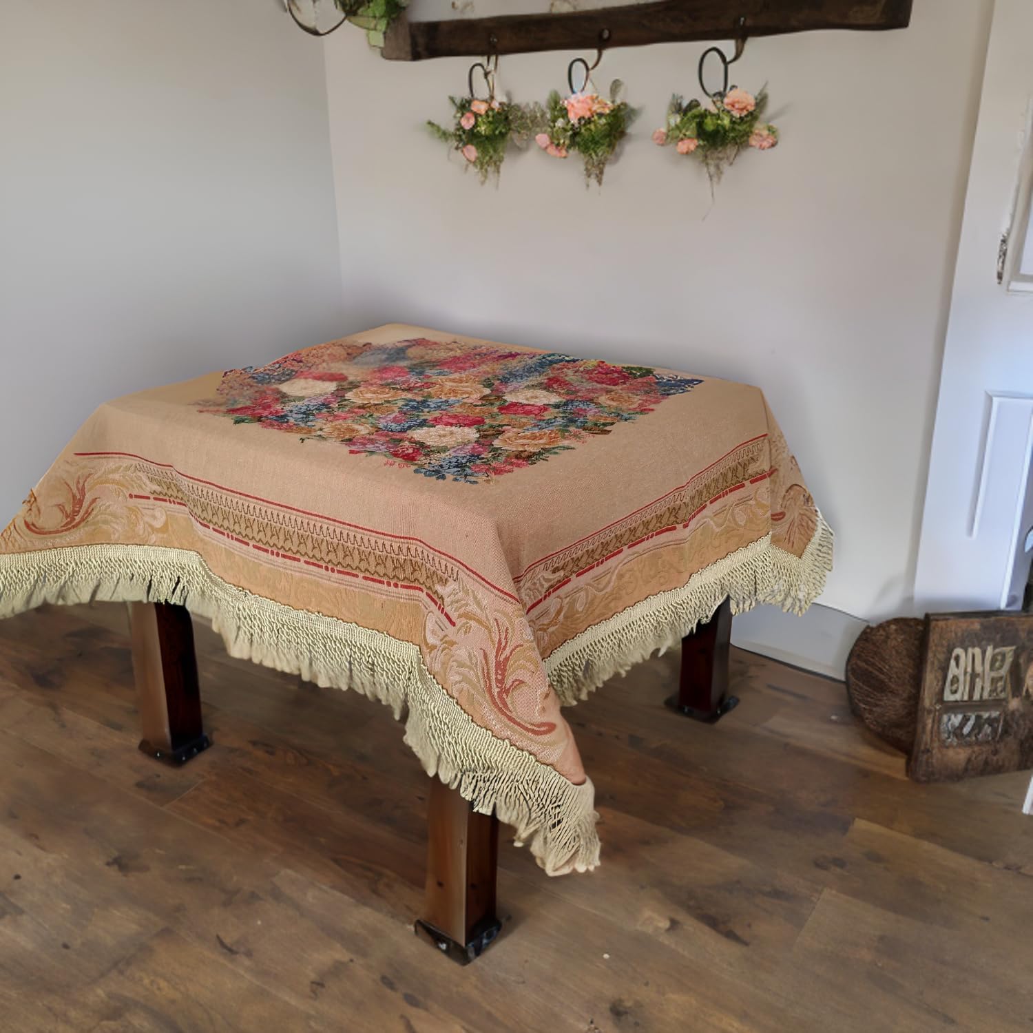 Rustic Floral Beige Gold Brown Coffee Table Cover - 36x36 Inch Square Tablecloth for Farmhouse Decor, Morning Tea & Living Room Accent