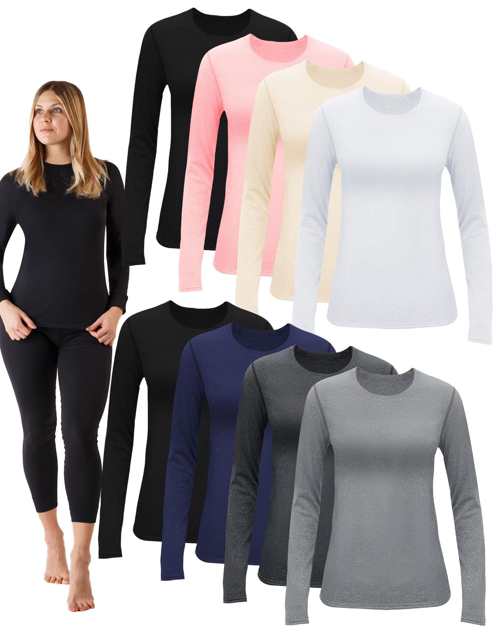 Jecery 8-Pack Women's Thermal Long Sleeve Shirts - Crew Neck Base Layer Top Set for Cold Weather, Winter Layering & Outdoor Activities