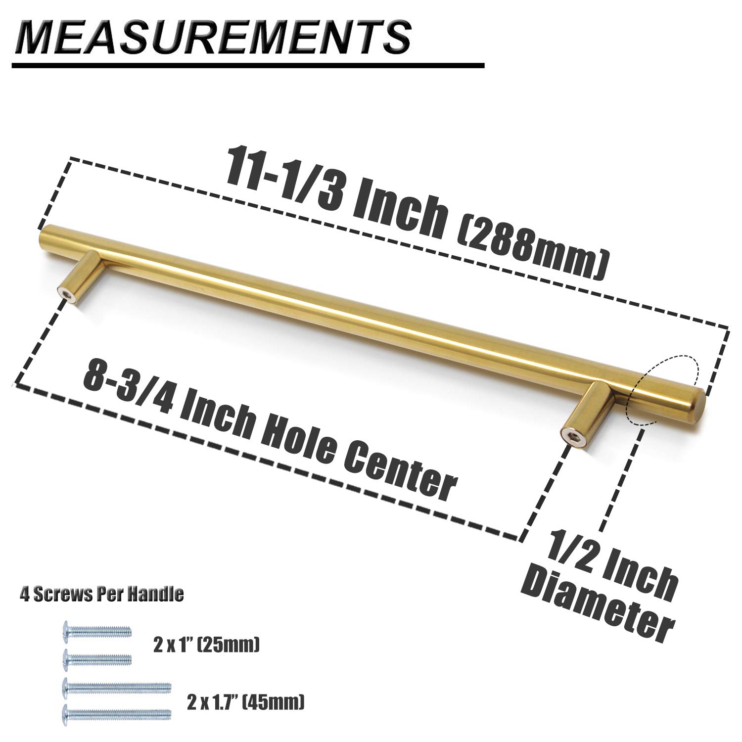 Probrico 10 Pack Gold Modern Round T Bar Cabinet Pulls - 8-4/5 Inch Hole Centers, Stainless Steel Drawer Handles for Kitchen Cabinets, Dressers & Bathroom Vanities