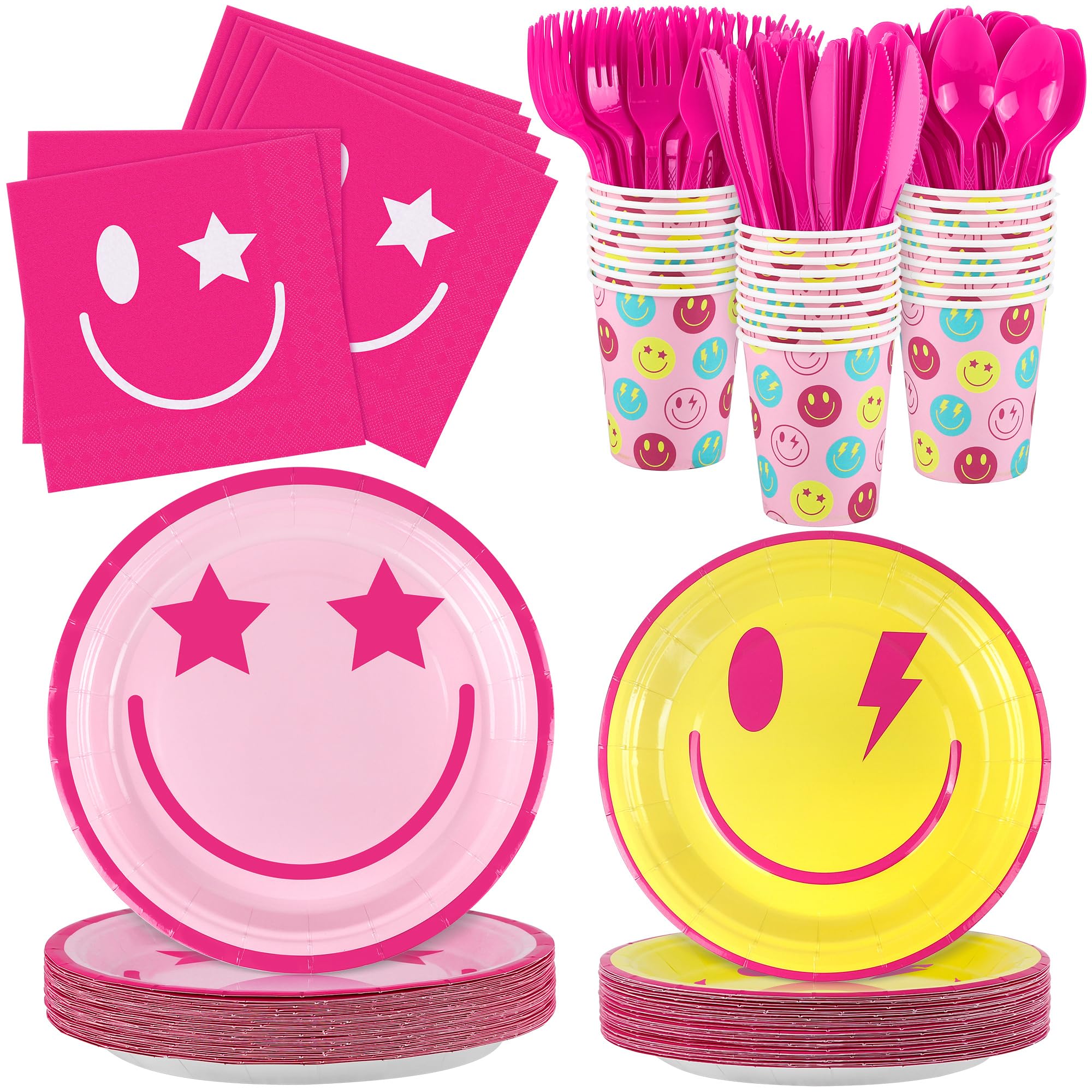 210-Piece Preppy Smiley Face Party Tableware Set - Disposable Paper Plates, Napkins, Cups & Cutlery for Birthday Parties, Baby Showers - Serves 30 Guests - Perfect for Themed Celebrations & Fun Gatherings