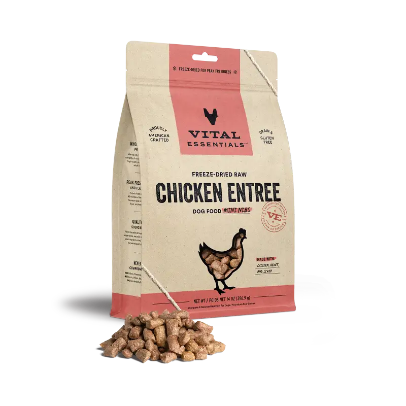 Vital Essentials Freeze Dried Raw Dog Food - Chicken, Beef & Turkey Mini Nibs Entree, 14oz | Grain-Free, High Protein | Perfect for Small Dogs, Training Treats & Travel Snacks