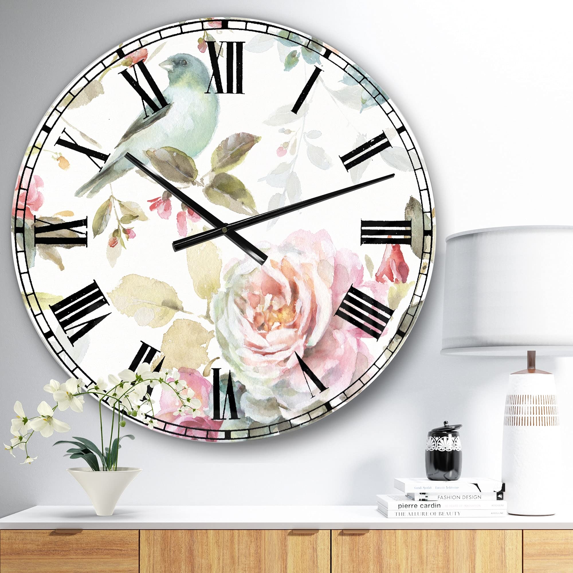 Designart 'Beautiful Bird Romance II' Traditional Large Wall Clock - 23 x 23 Inches - Vintage Home Decor for Living Room, Bedroom & Office