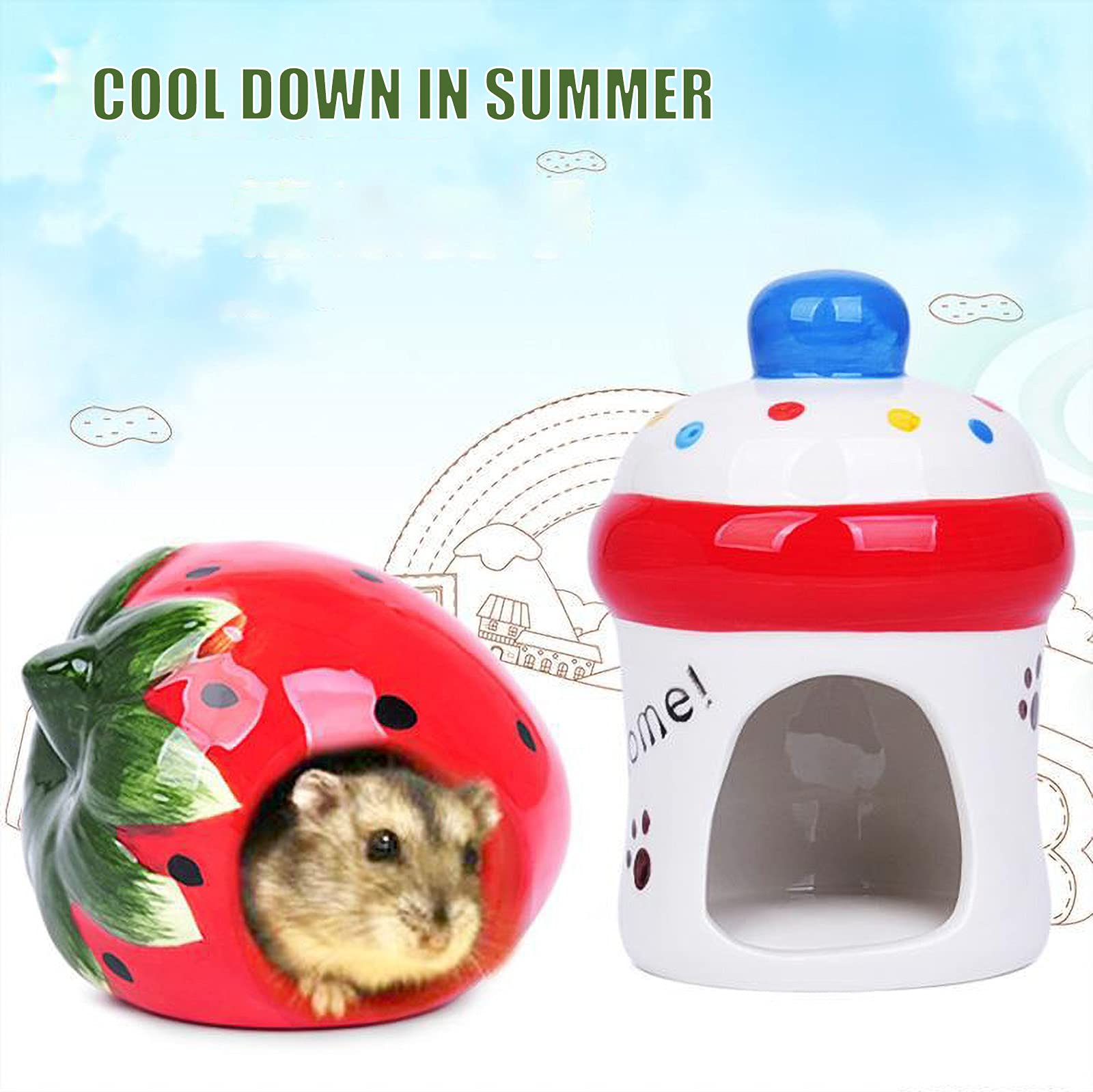 Besimple Ceramic Hamster Hideout - Small Animal Pet House for Hamsters, Chinchillas & Critters - Adorable Strawberry-Shaped Cage Cave & Bath House - Perfect for Playtime & Relaxation