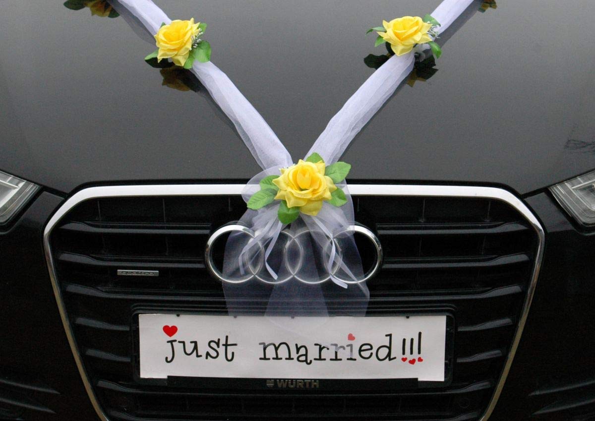 Elegant Organza M Car Jewelry - Bridal Couple Rose Decor for Wedding Cars (Yellow/White) - Perfect for Wedding Day Decorations & Romantic Getaways