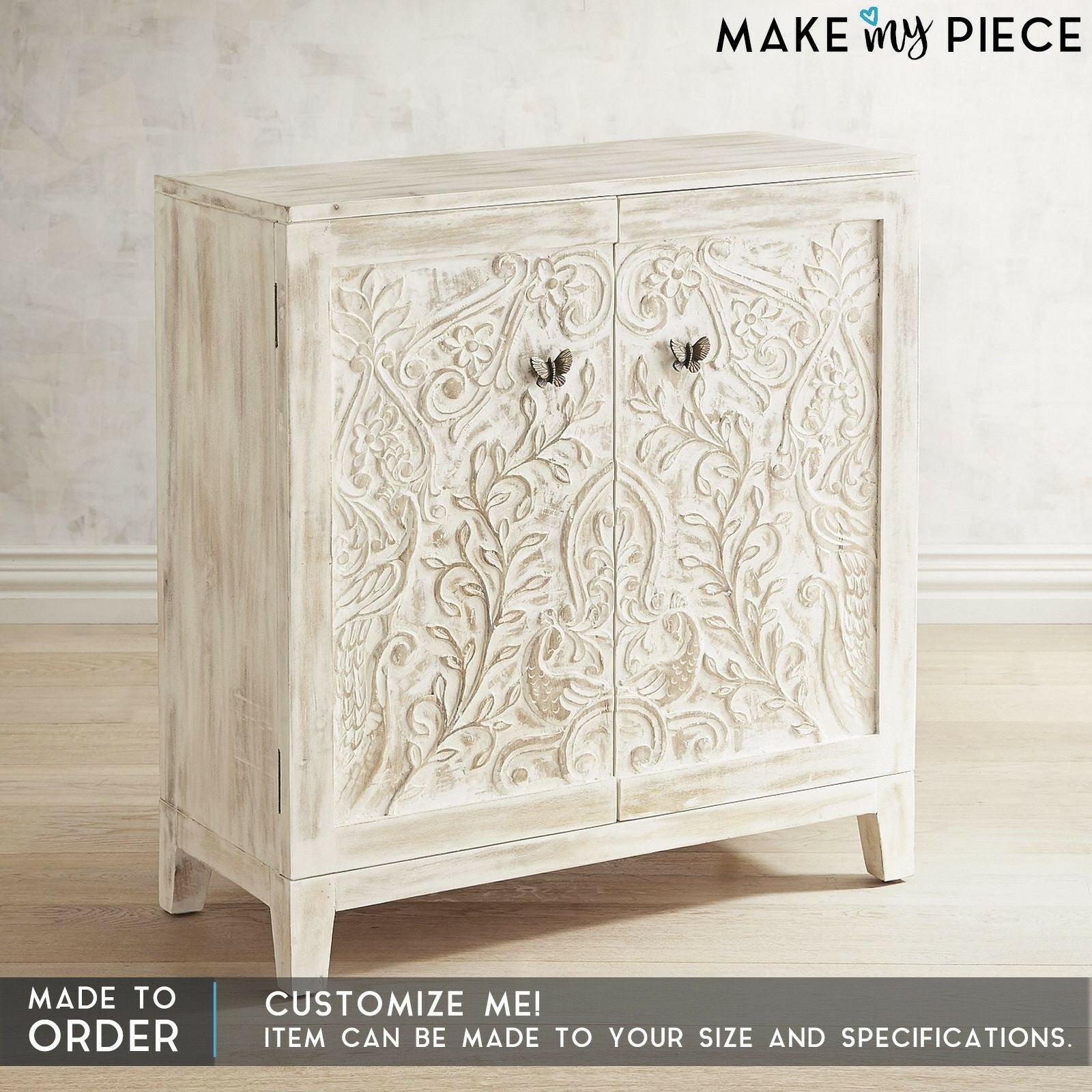 Hand Carved Solid Wood Small Sideboard - Rustic Entryway Console Table for Hallway, Living Room & Dining Room Storage