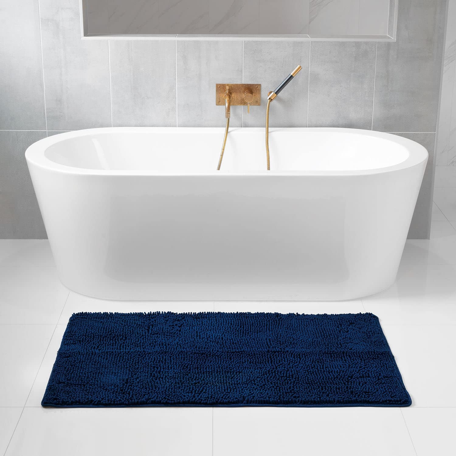 Premium Tafts Bathroom Rugs - Extra Thick Memory Foam Bath Mat with Ultra-Soft Chenille Microfiber, Super Absorbent & Machine Washable, Non-Slip Shaggy Bathroom Mats (27x47 Inches, Navy Blue) - Perfect for Bathroom, Spa, and Master Suite Decor