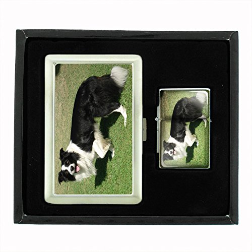 Stylish Border Collie Design Metal Cigarette Case & Oil Lighter Gift Set - Perfect for Outdoor Camping, Travel & Smoking Accessories Collection