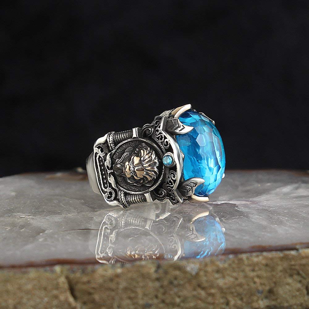 Large Lion Ring with CZ Aquamarine in Sterling Silver - Unique Handmade Jewelry for Birthday Gifts (RP1231) | Perfect for Women's Fashion, Statement Jewelry & Special Occasions