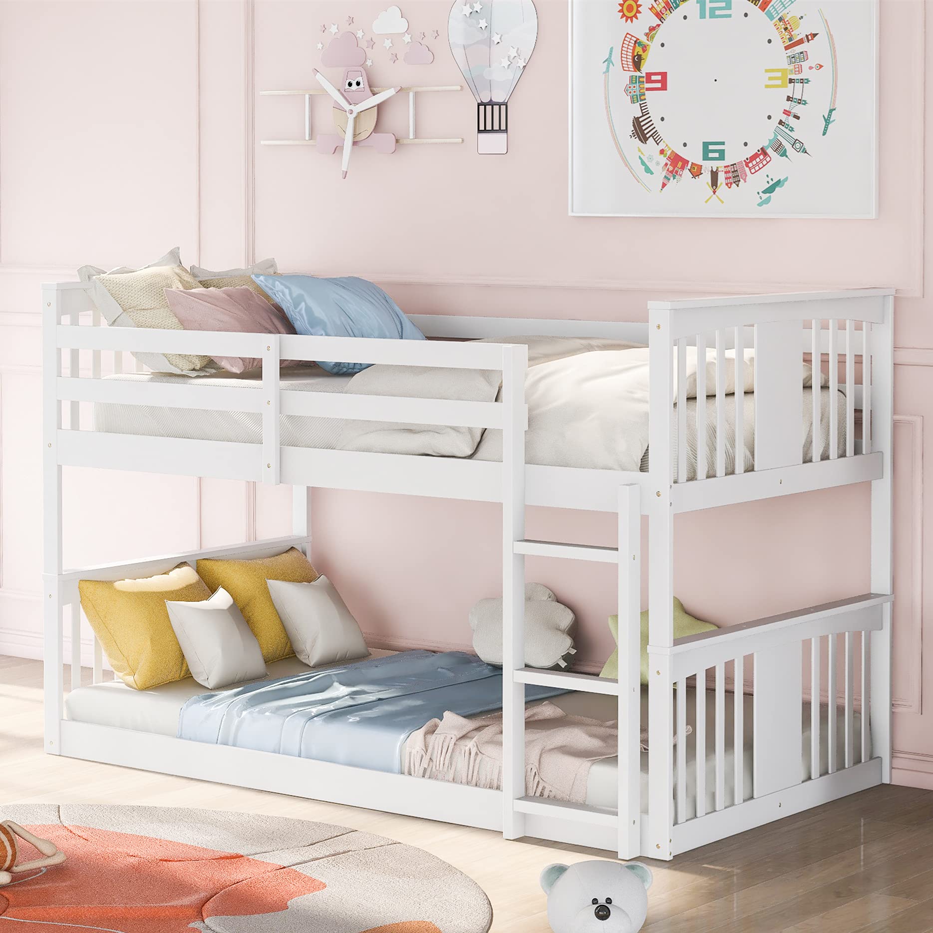 Wooden Twin Over Twin Kids Bunk Bed with Ladder - Low Profile White Bunk Bed Frame for Children's Room, Sleepovers & Small Spaces