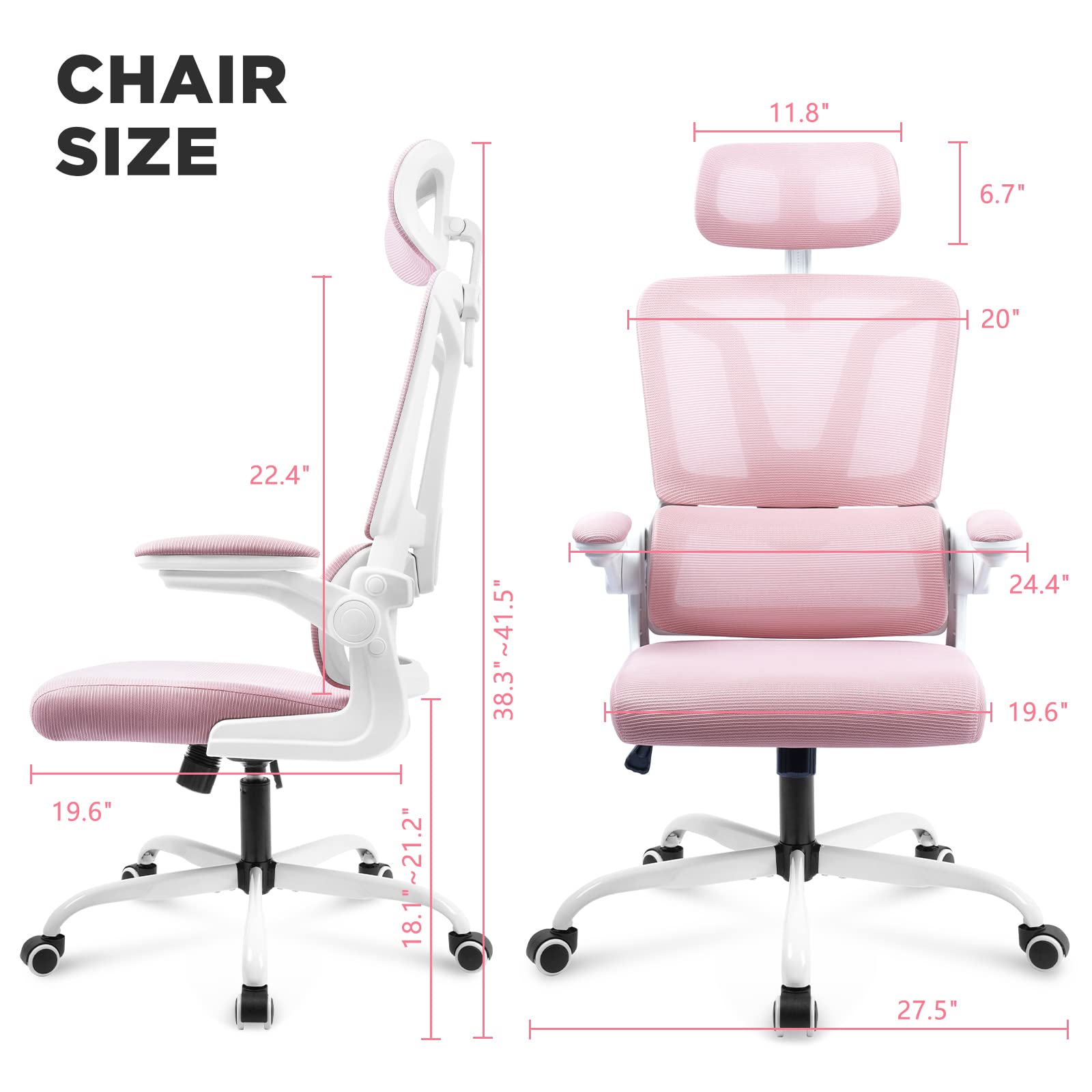 Soontrans Pink Ergonomic Office Chair with Lumbar Support Pillow - Adjustable Mesh Computer Chair with Headrest & Armrests - Comfortable Swivel Desk Chair for Home Office, Gaming & Workspace