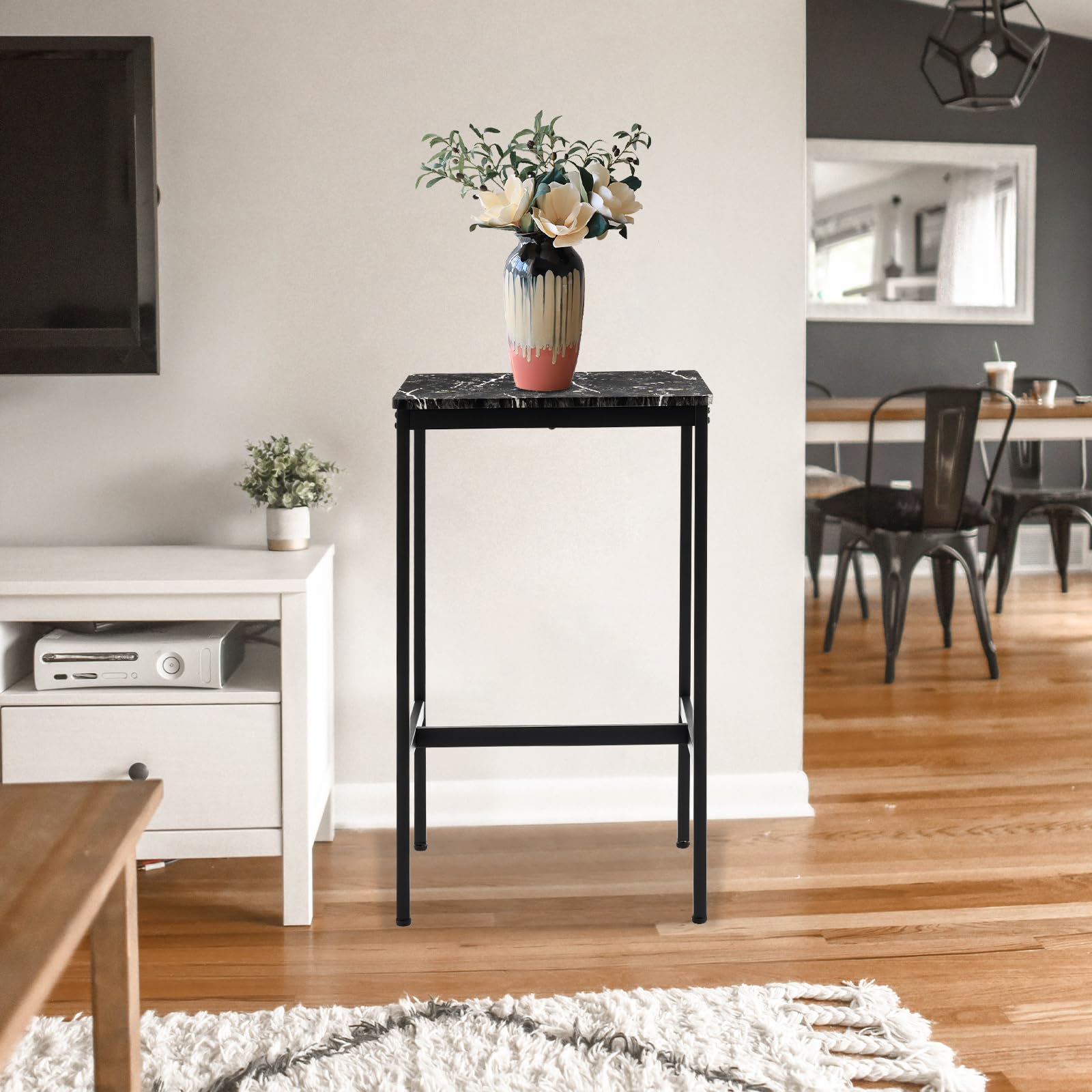 Square Bar Table - Small Kitchen Dining & Cocktail Table with Sturdy Metal Frame, High Top Pub Table for Parties, Space-Saving Narrow Design for Living Room, Kitchen, Bar - Marble Black Finish for Home & Office Use