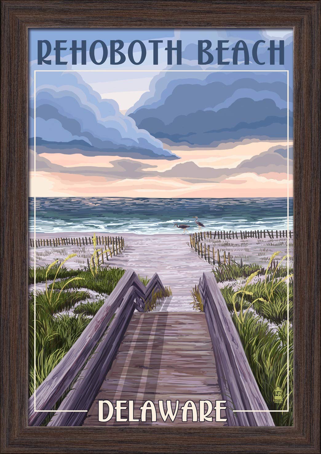 Delaware Beach Boardwalk Art Print - 12x18 Giclee Fine Art on Recycled Wood Frame in Espresso Brown - Coastal Wall Decor for Living Room, Bedroom & Office
