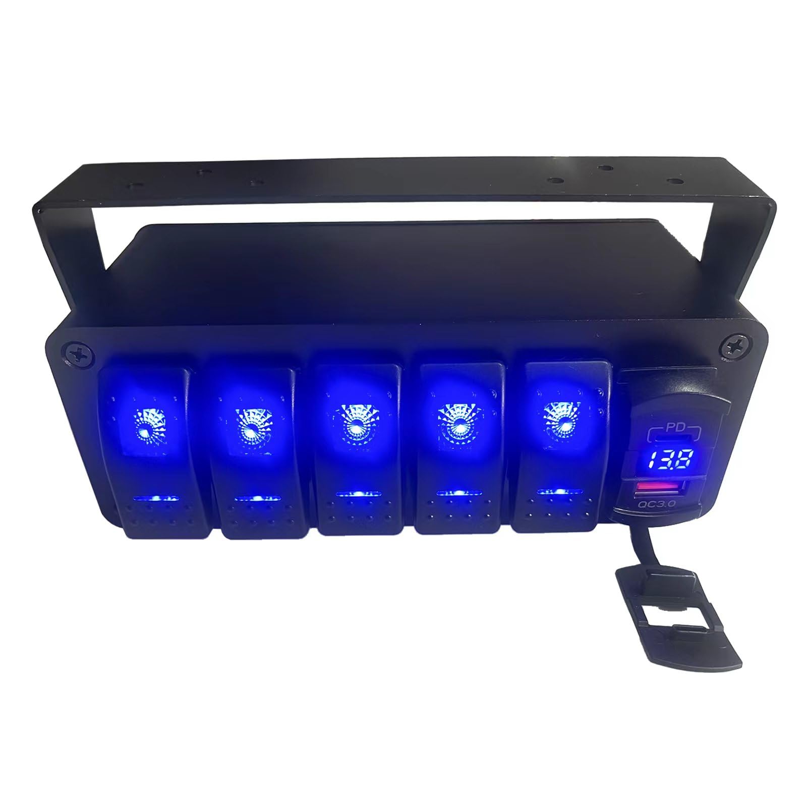 5 Gang Marine Boat Rocker Switch Panel - 12V SPST Aluminum Waterproof Switch Box with PD Type C & QC 3.0 USB Charger, Voltmeter & DIY Stickers - Perfect for RVs, Boats, Trucks & Marine Electrical Systems
