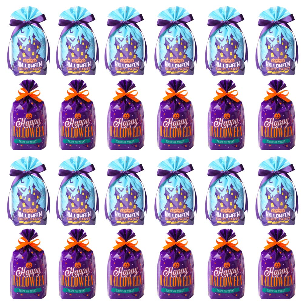 TENDYCOCO 100Pcs Halloween Cellophane Bags - Cartoon Drawstring Candy Bags for Halloween Party Favors, Trick or Treat, Classroom Treats & Goodie Bags (No Ribbon Included)