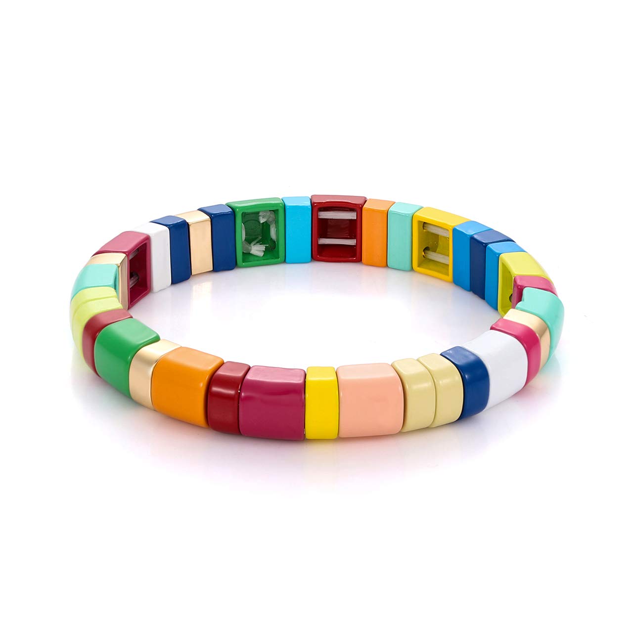 Rainbow Enamel Tile Bead Stretch Bracelet for Women & Girls - Handmade Bohemian Stackable Color Block Bangle - Elastic Strand Bracelet for Daily Wear, Gift Giving & Boho Fashion Accessories