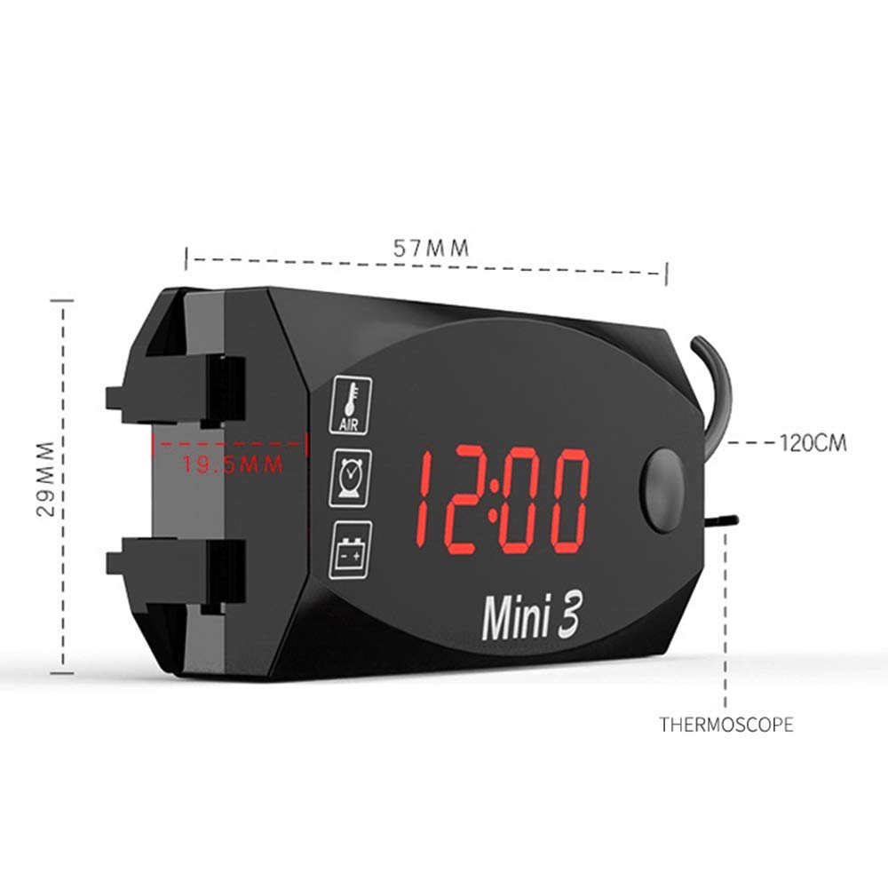 6V-30V 3-in-1 Digital Motorcycle Gauge - Waterproof IP67 Clock, Thermometer & Voltmeter for Car, Boat & Marine Battery Monitoring (Red Light/Black) - Perfect for Outdoor Adventures & Vehicle Maintenance