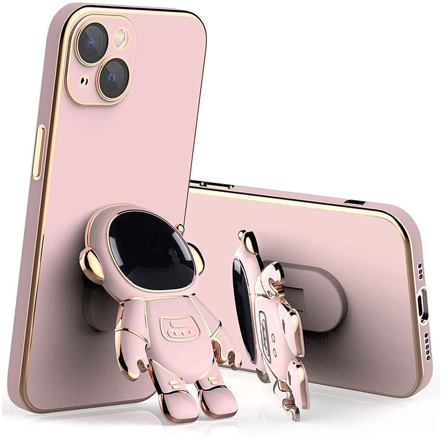 6D Plating Astronaut Hidden Stand Phone Case for iPhone 13 - Shockproof Protective Cover with Built-in Stand & Lens Protector (Pink) | Perfect for Space Enthusiasts & Everyday Use