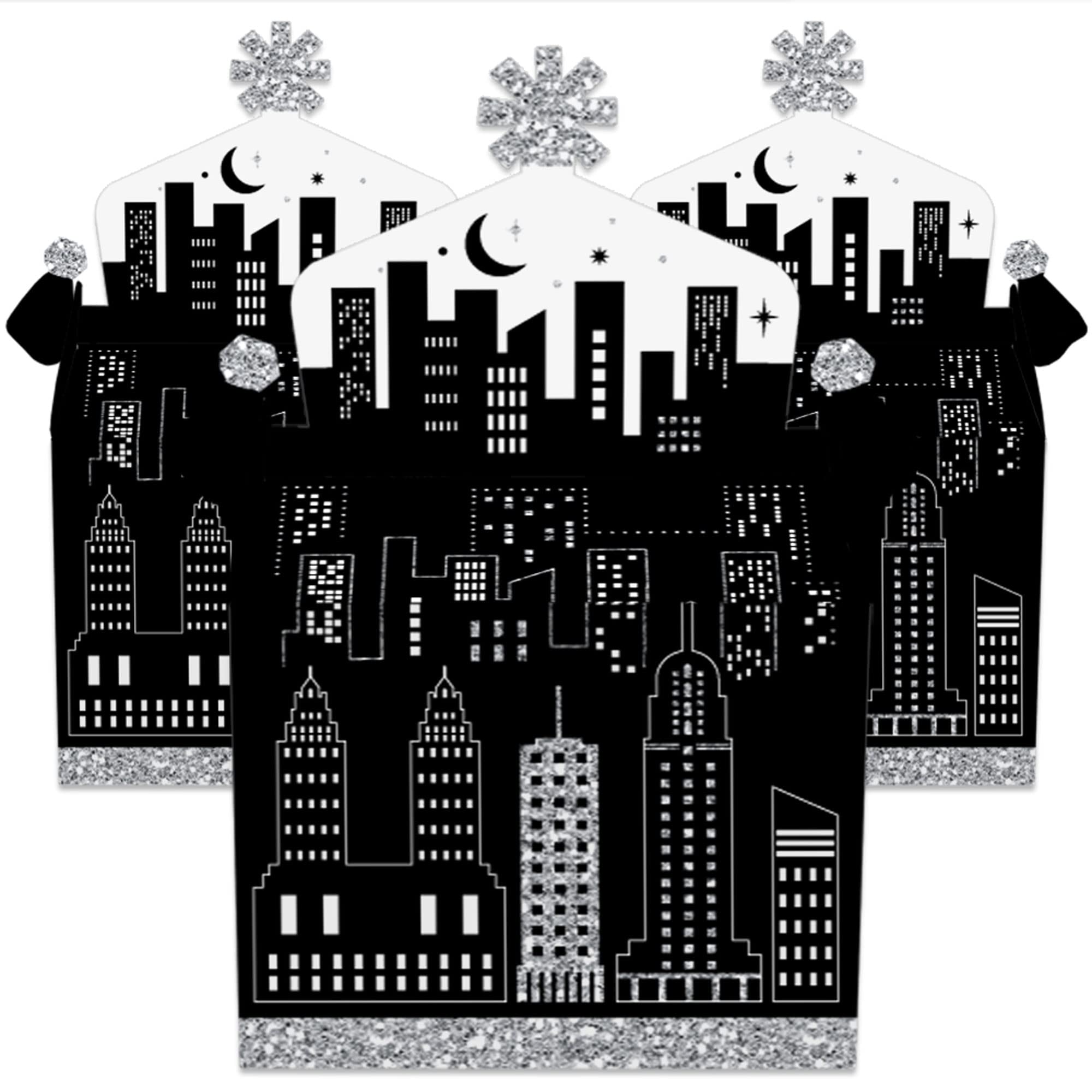 Big Dot of Happiness Nighttime City Skyline Treat Box Party Favors - New York Themed Goodie Gable Boxes (Set of 12) - Perfect for Birthday Parties, Baby Showers & Wedding Favors