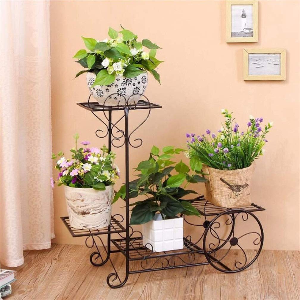 XZWYB 4-Tier Parisian Style Rolling Cart - Metal Plant Stand with Wheels for Flower Pots, Indoor Herb Garden, Kitchen Storage - Perfect for Home, Patio & Balcony Decor (Black)
