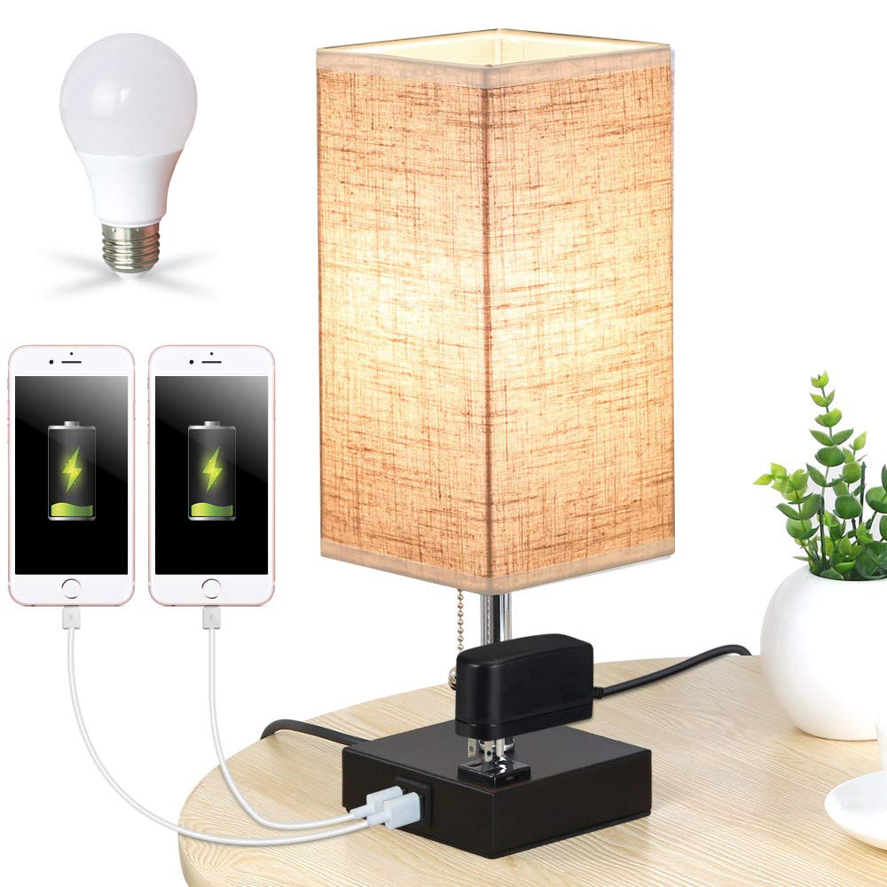 Modern USB Table Lamp with Dual Charging Ports & Outlet - Black Iron Base, Warm White LED Light - Perfect for Bedroom, Office, Nightstand - Ideal for Reading, Working & Charging Devices