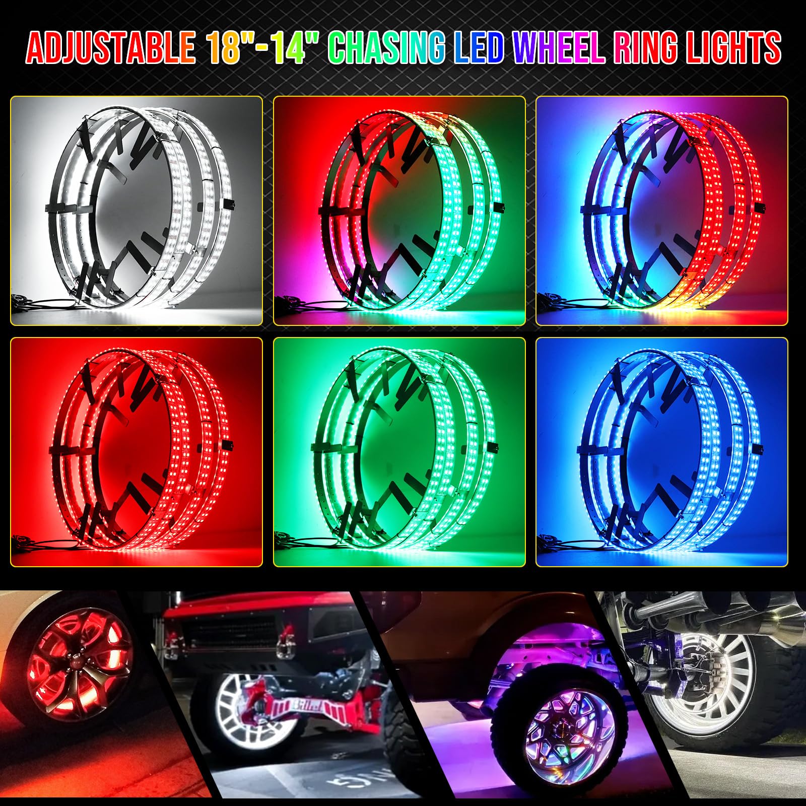 Adjustable 14-18 Inch 2-Rows RGBW LED Wheel Ring Lights with Switch - Color Changing Rim Lights for Trucks, Pickups, SUVs & Off-Road Vehicles (4 Wheels) - Perfect for Night Driving, Car Shows & Off-Road Adventures