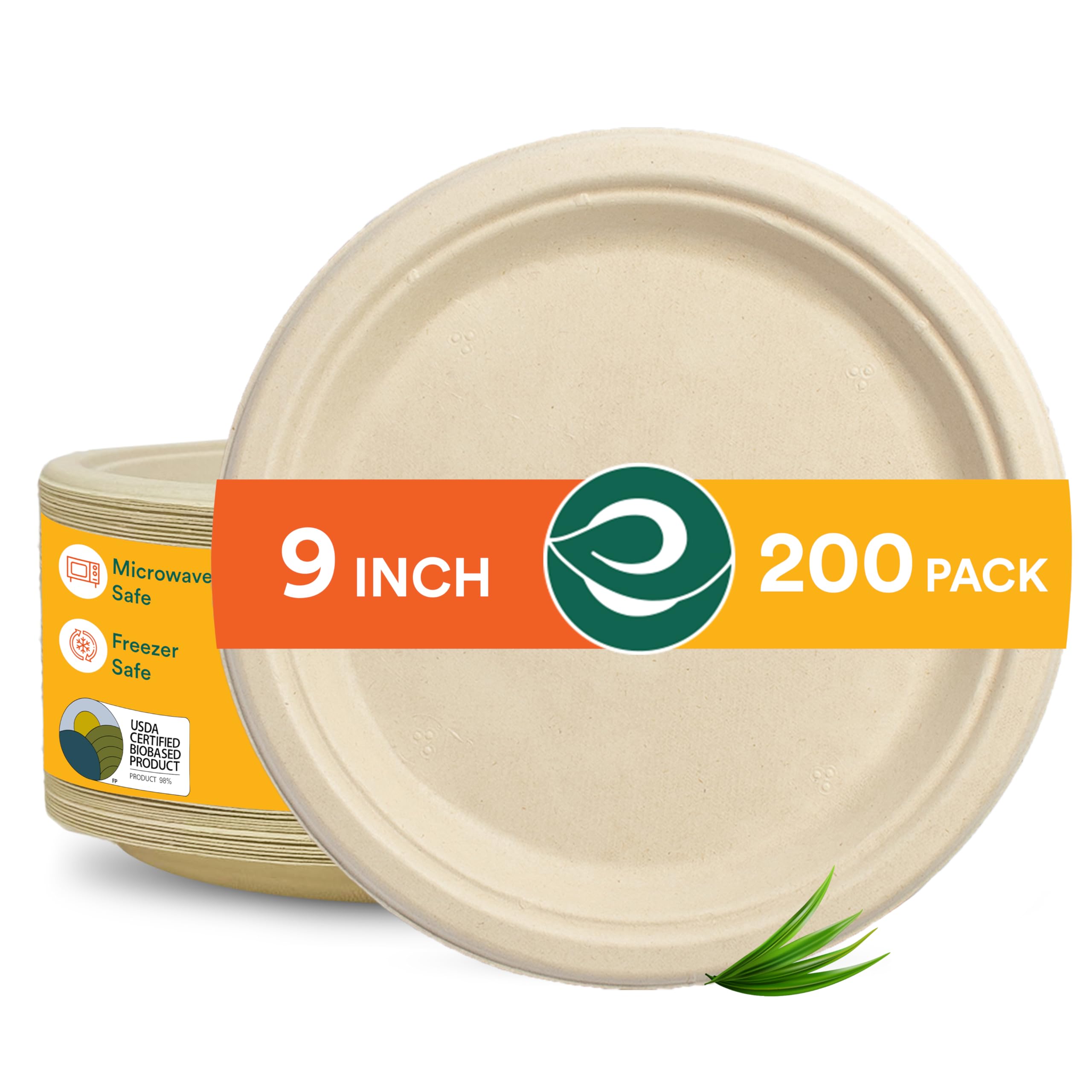 ECO SOUL 100% Compostable 9 Inch Paper Plates - 200 Count (2x100) Heavy Duty Disposable Dinner Plates | Biodegradable & Eco-Friendly for Parties, Weddings, Events | Perfect for Outdoor Picnics, BBQs, and Family Gatherings