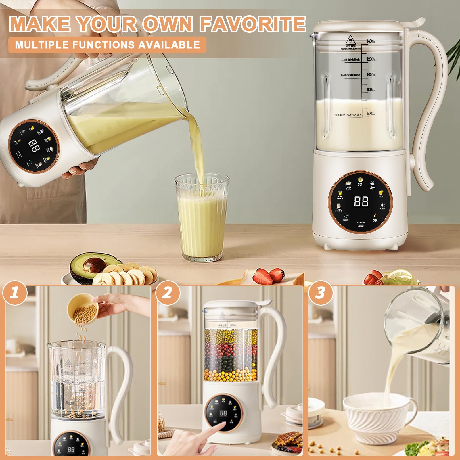 Automatic Nut Milk Maker Machine 47oz (1400ml) - Soy, Oat, Coconut, Almond & Plant-Based Milk Maker with Delay Start, Keep Warm & Boil Water - Perfect for Homemade Baby Food, Vegan Drinks & Healthy Breakfasts