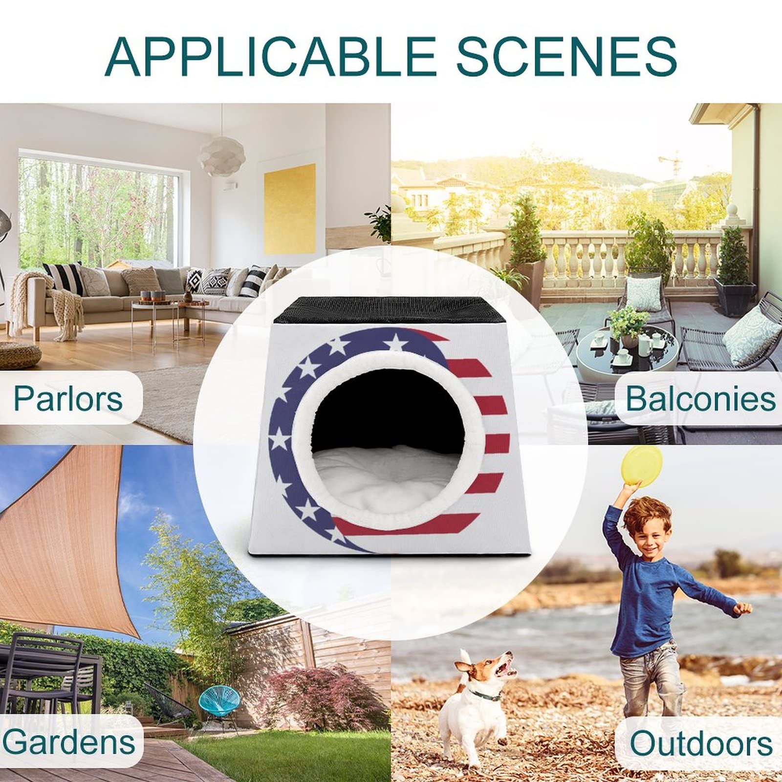 3-in-1 Cat House with USA Flag & Taichi Print - Indoor/Outdoor Cat Bed, Sofa & Shelter for Kitties | Perfect for Home, Patio & Travel Use
