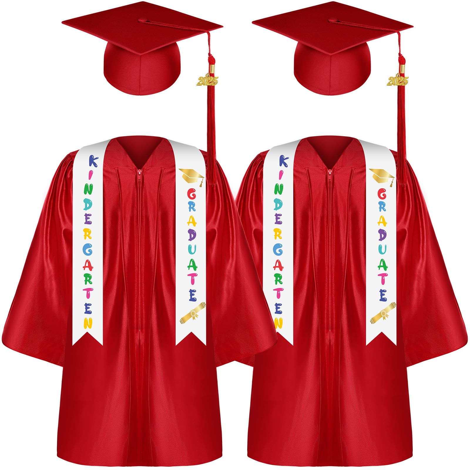 2025 Preschool & Kindergarten Graduation Gown Cap Tassel Set with Printed Stole Sash - 2 Pack Kids Graduation Outfit for Ceremony & Photo Shoots