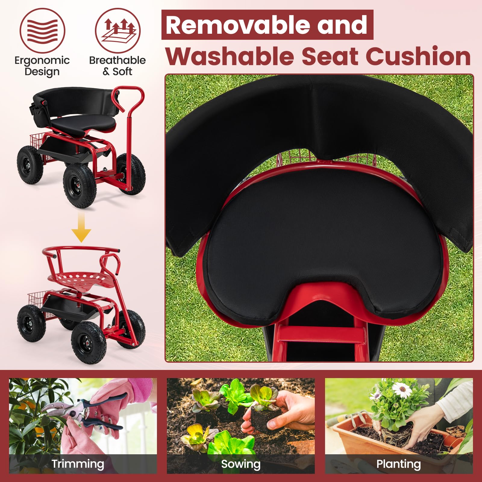 **Goplus Rolling Garden Seat with Wheels - Adjustable 360° Swivel Stool, Tool Tray & Storage Basket, Extendable Handle - Outdoor Gardening Scooter & Work Seat for Seniors - Perfect for Planting, Weeding, and Yard Work**