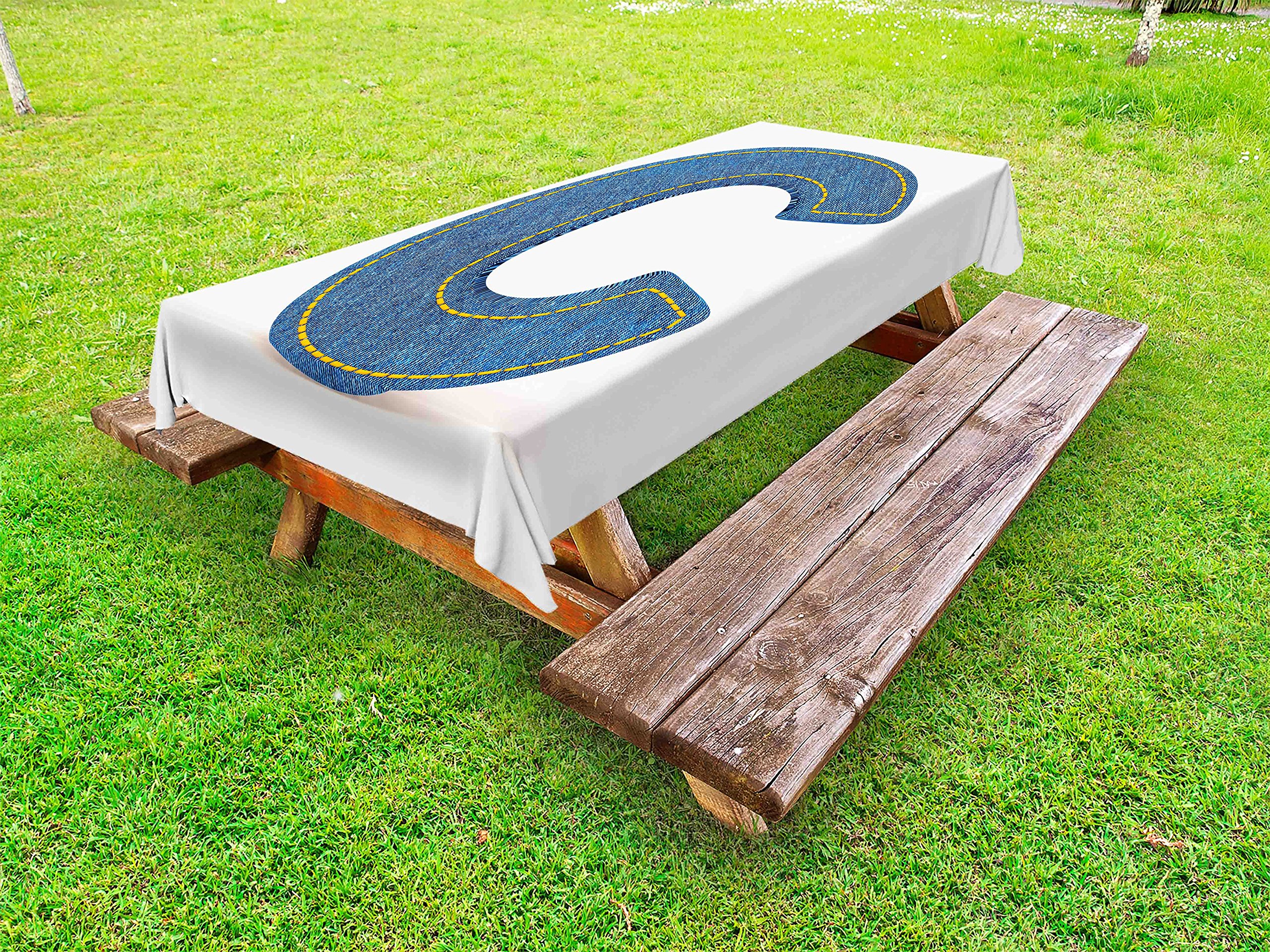 Ambesonne Letter C Outdoor Tablecloth - Alphabet Sign, Uppercase C Denim Retro Design with Stitches, Washable Picnic Table Cover 58