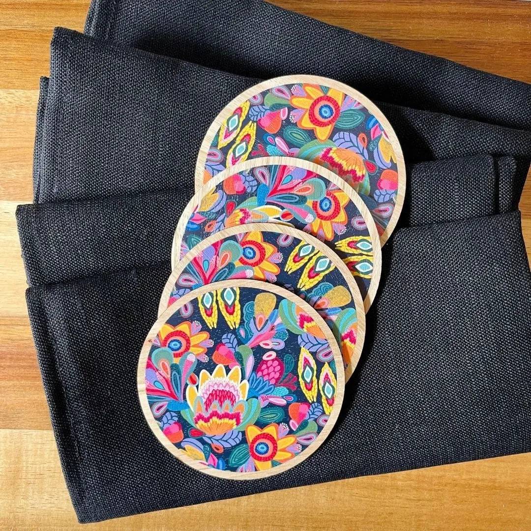Fantasy Flora Wooden Coasters and Napkin Holder Set - Elegant Home Decor for Dining Table, Coffee Table, and Kitchen - Perfect for Parties, Weddings, and Daily Use