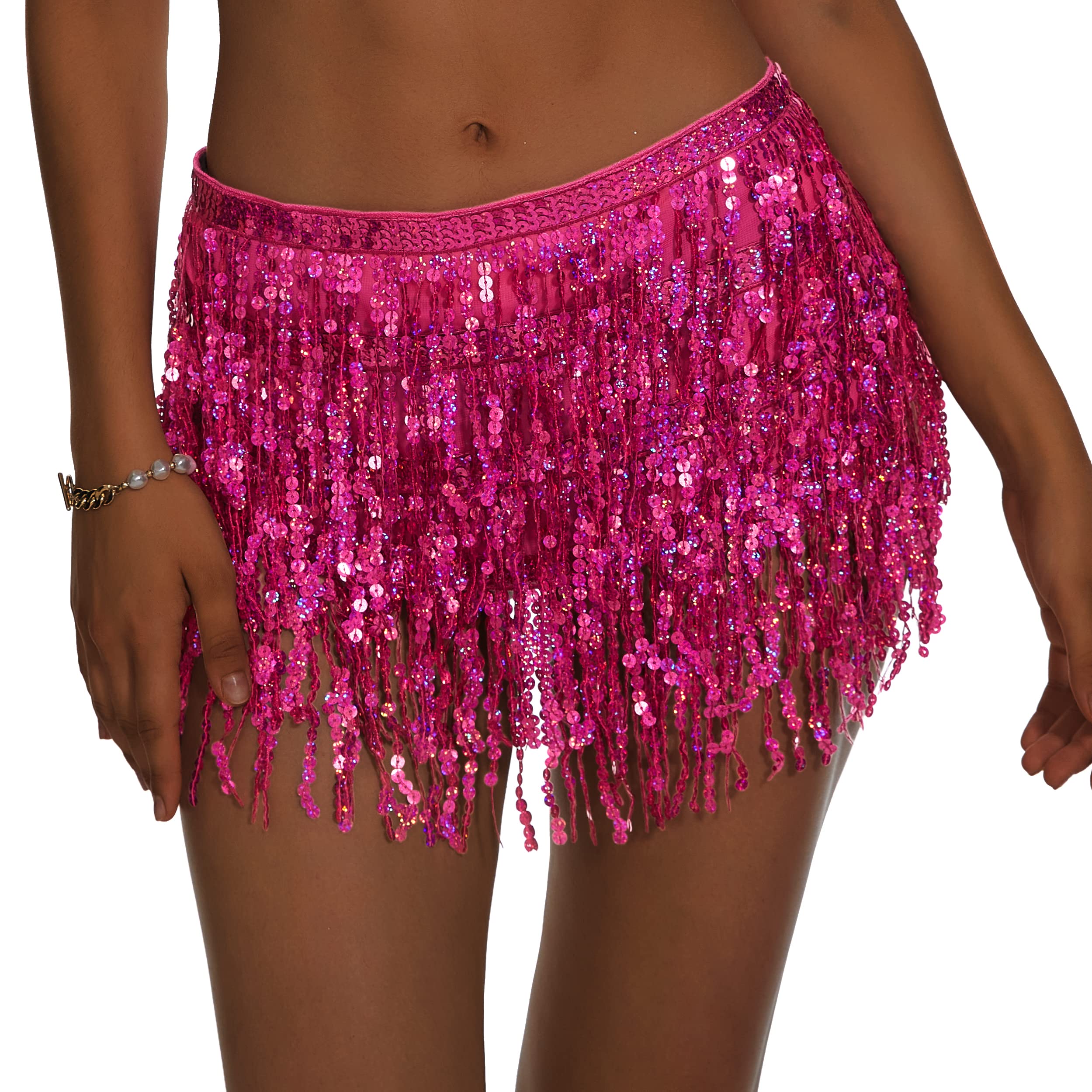 Women's Belly Dance Skirt with Sequins - Sparkly Tassel Fringe Skirt for Rave, Festival & Dance Performances | Hip Scarf for Belly Dancing & Costume Outfits