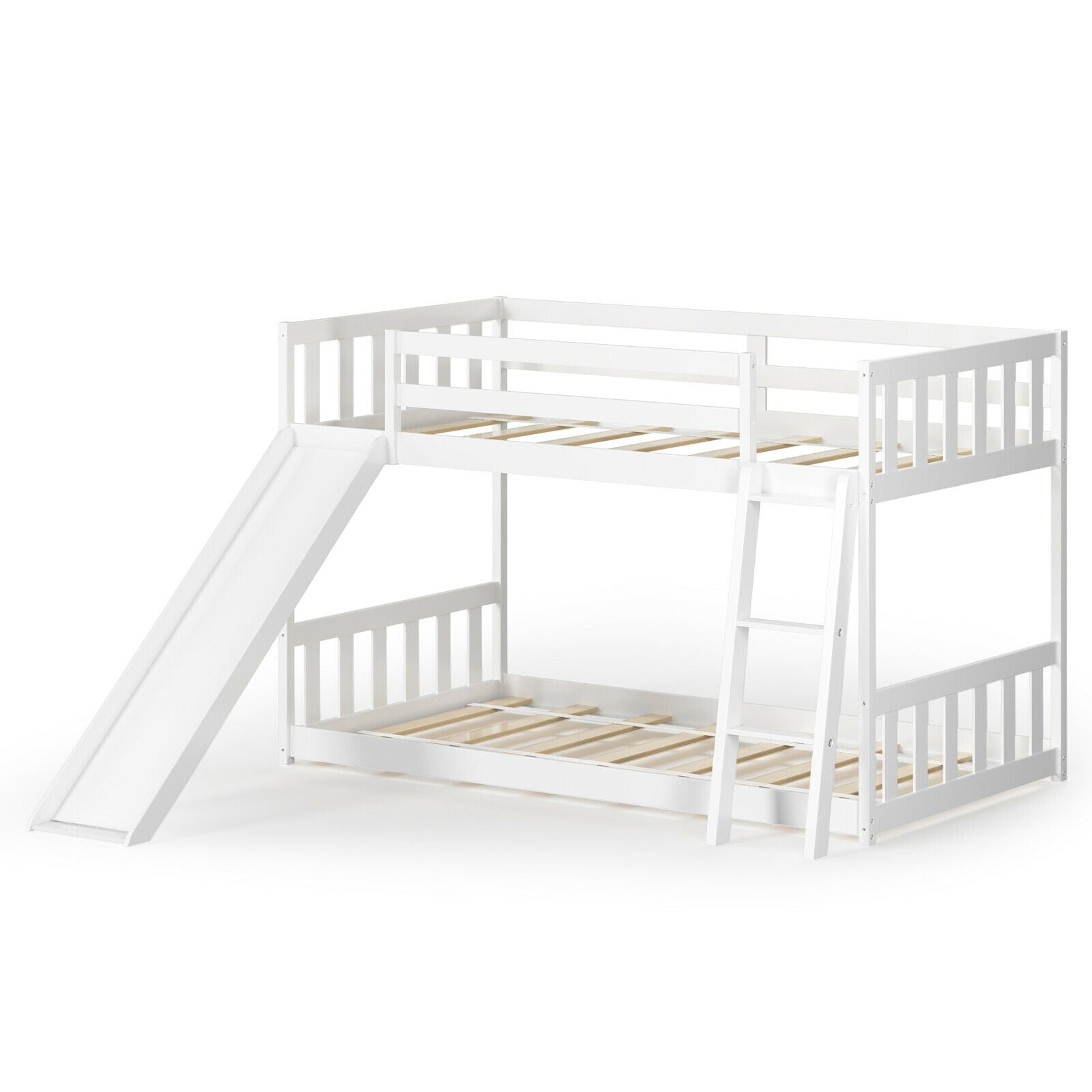 Twin Over Twin Bunk Bed with Slide and Ladder - Solid Wood Low Loft Bed for Kids - White - Perfect for Small Bedrooms and Kids' Sleepovers