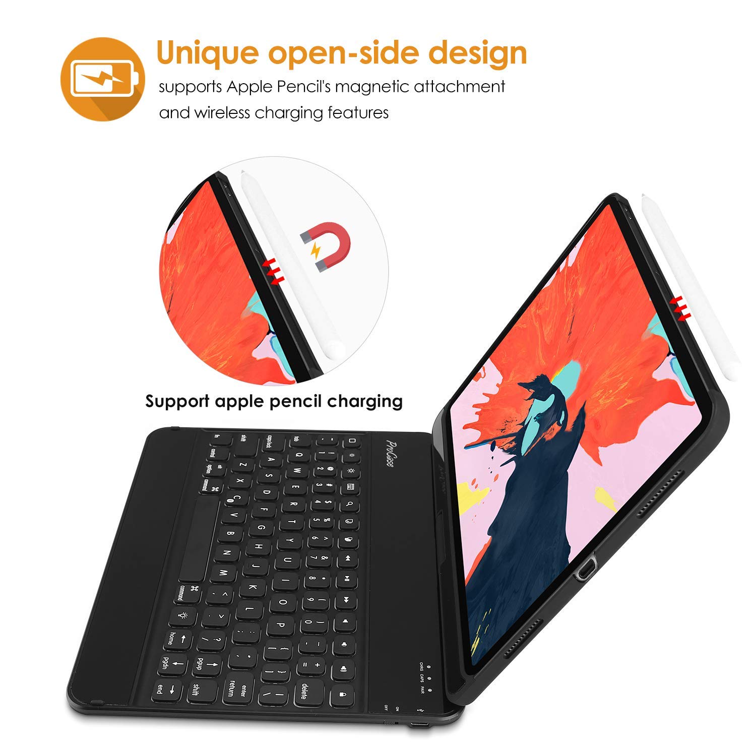 ProCase 360° Rotating Keyboard Case for iPad Pro 12.9 (3rd/4th Gen 2018-2021) with Wireless Keyboard & Apple Pencil Charging - Black | Perfect for Work, Study & Travel
