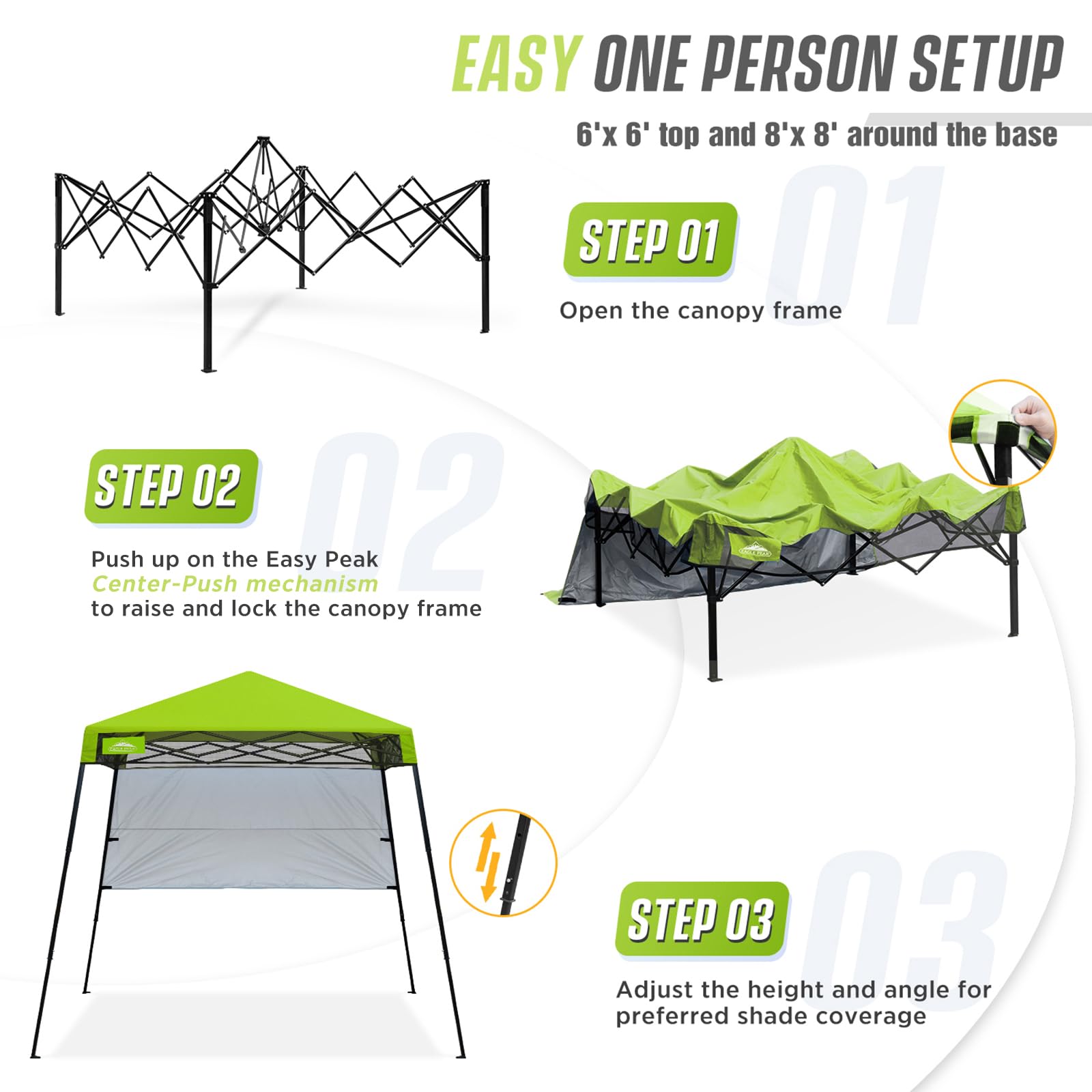 EAGLE PEAK 8x8 Pop Up Canopy Tent with Sidewall - Compact & Portable Slant Leg Instant Sun Shelter for Outdoor Events, Beach, Sports, Camping, Picnics, BBQ, and Tailgating - 8x8 Base 6x6 Top - Green Canopy Tent for Shade Protection