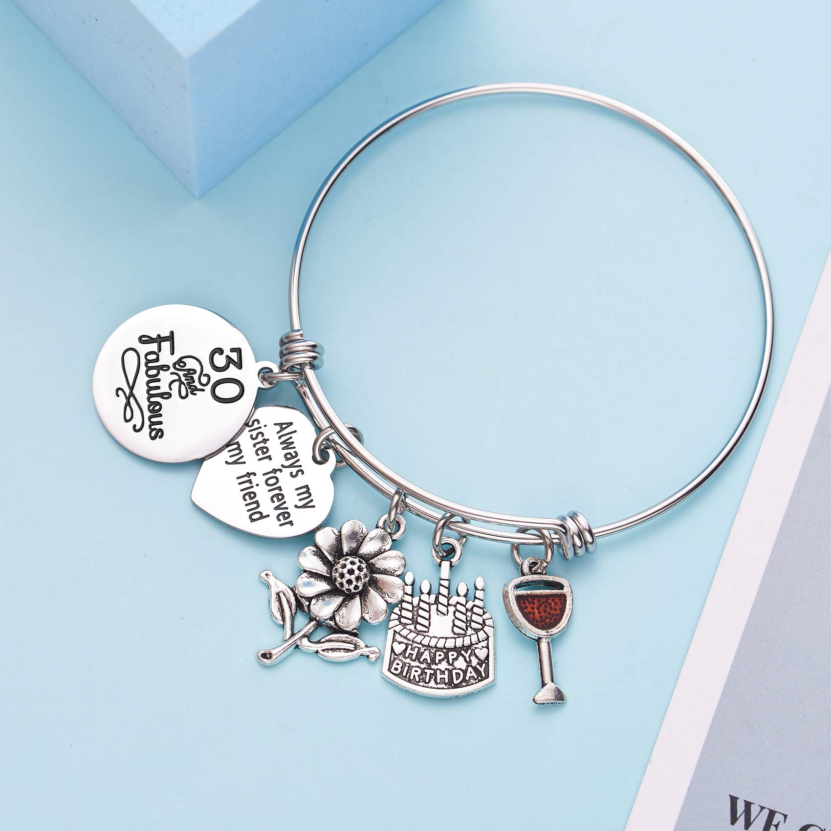 LParkin Expandable Bracelet for Women - 30th & 40th Birthday Gifts, Sister Gifts with 'Always My Sister Forever My Friend' & 'Live Laugh Love' Cake Charms | Perfect for Birthdays, Anniversaries & Special Occasions