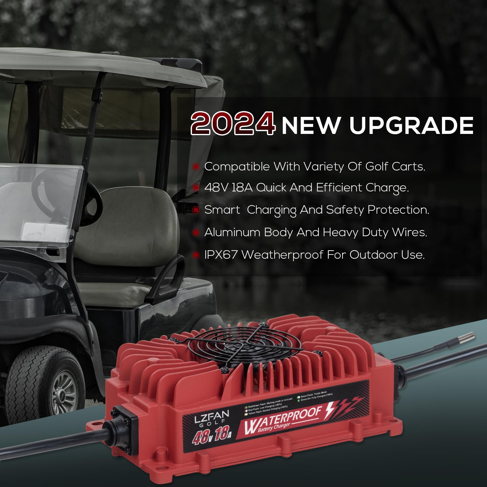 48V Golf Cart Battery Charger 18 AMP with Triangle 3-Pin Plug - Fast Charging, Waterproof & Portable - Compatible with Club Car, EZGO RXV & TXT - Perfect for Golf Courses, Camping & Outdoor Adventures