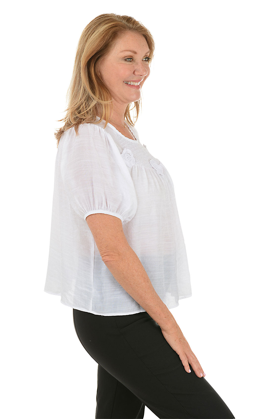 Floral Applique Smocked Yoke Blouse - Women's Elegant Embroidered Top for Spring & Summer - Perfect for Office, Date Night & Special Occasions