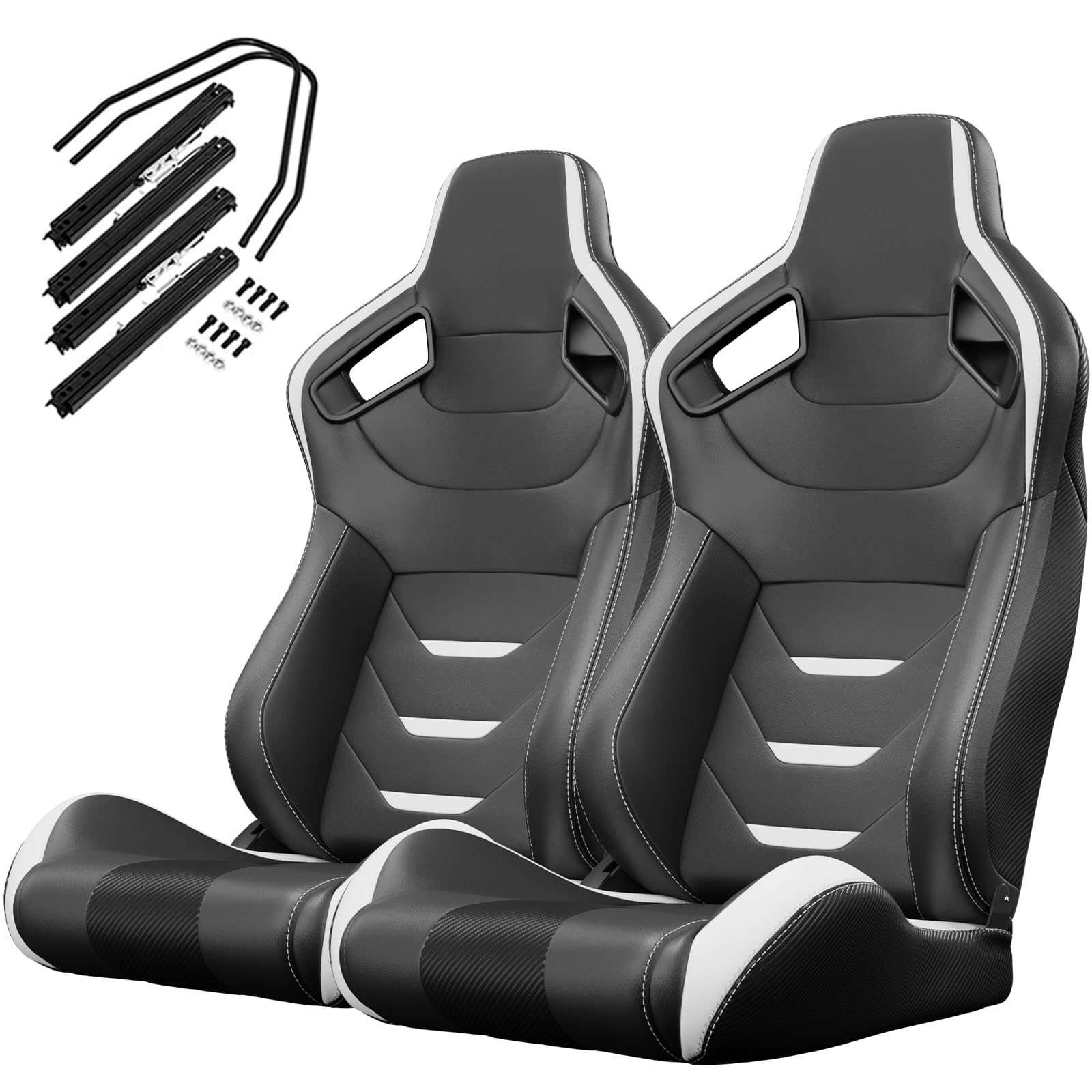 2 Pcs Universal Racing Seats with Dual Lock Sliders - Reclinable Bucket Seats for Sports Cars - Adjustable PU Leather Car Seats (Black & White) - Perfect for Racing, Drifting & Street Performance