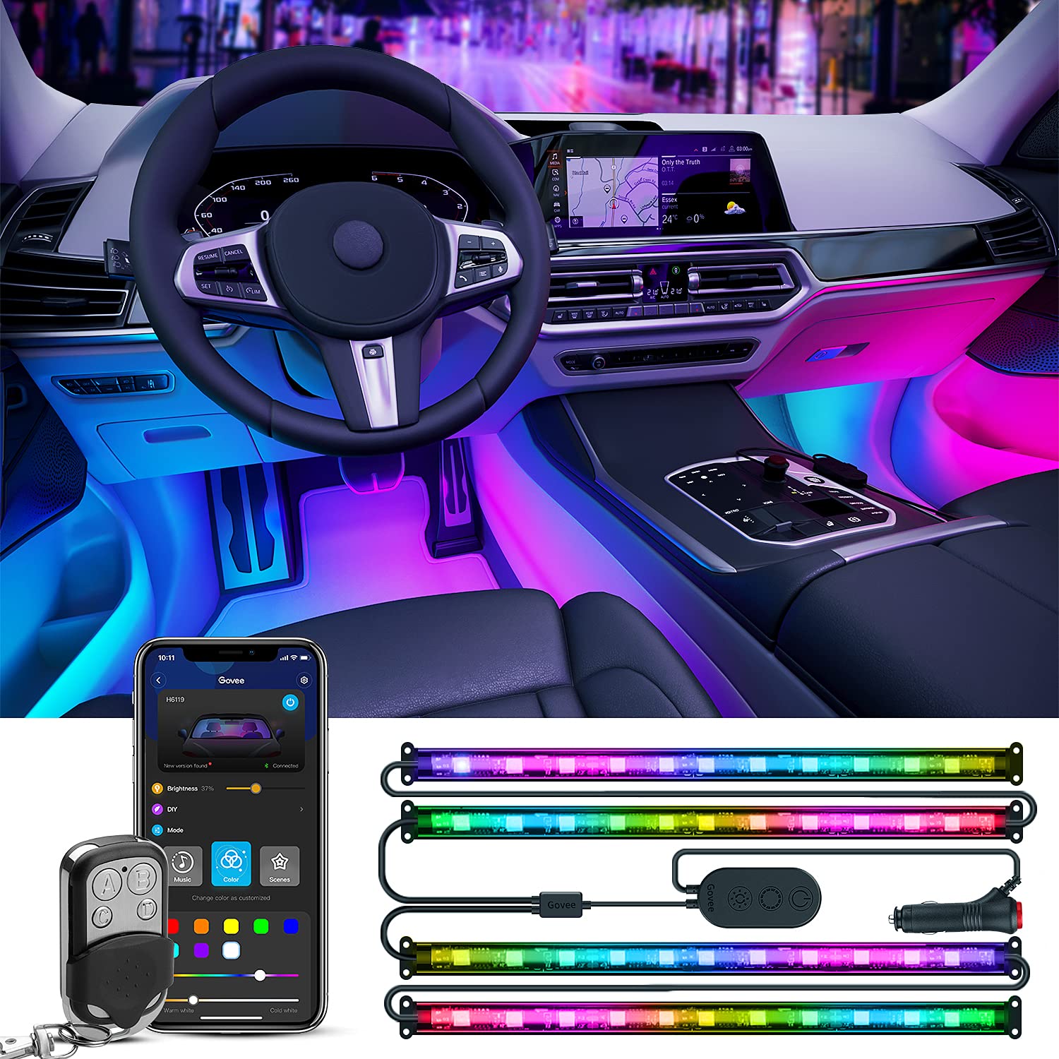 Govee Smart RGBIC Car Interior Lights with APP & Remote Control, 72 LED Strip Lights for Car Decor - DIY Mode, Multiple Scene Options, 2-Line Design - Perfect for Night Driving, Car Parties & Vehicle Customization
