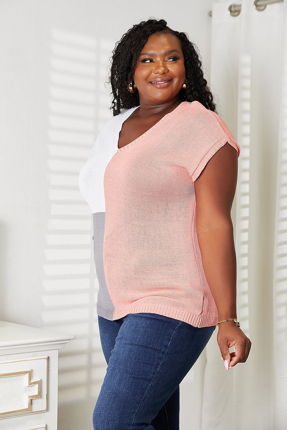 Color Block V-Neck Knit Top for Women - Stylish Casual & Office Wear - Soft Stretch Comfortable T-Shirt for Everyday Outfits