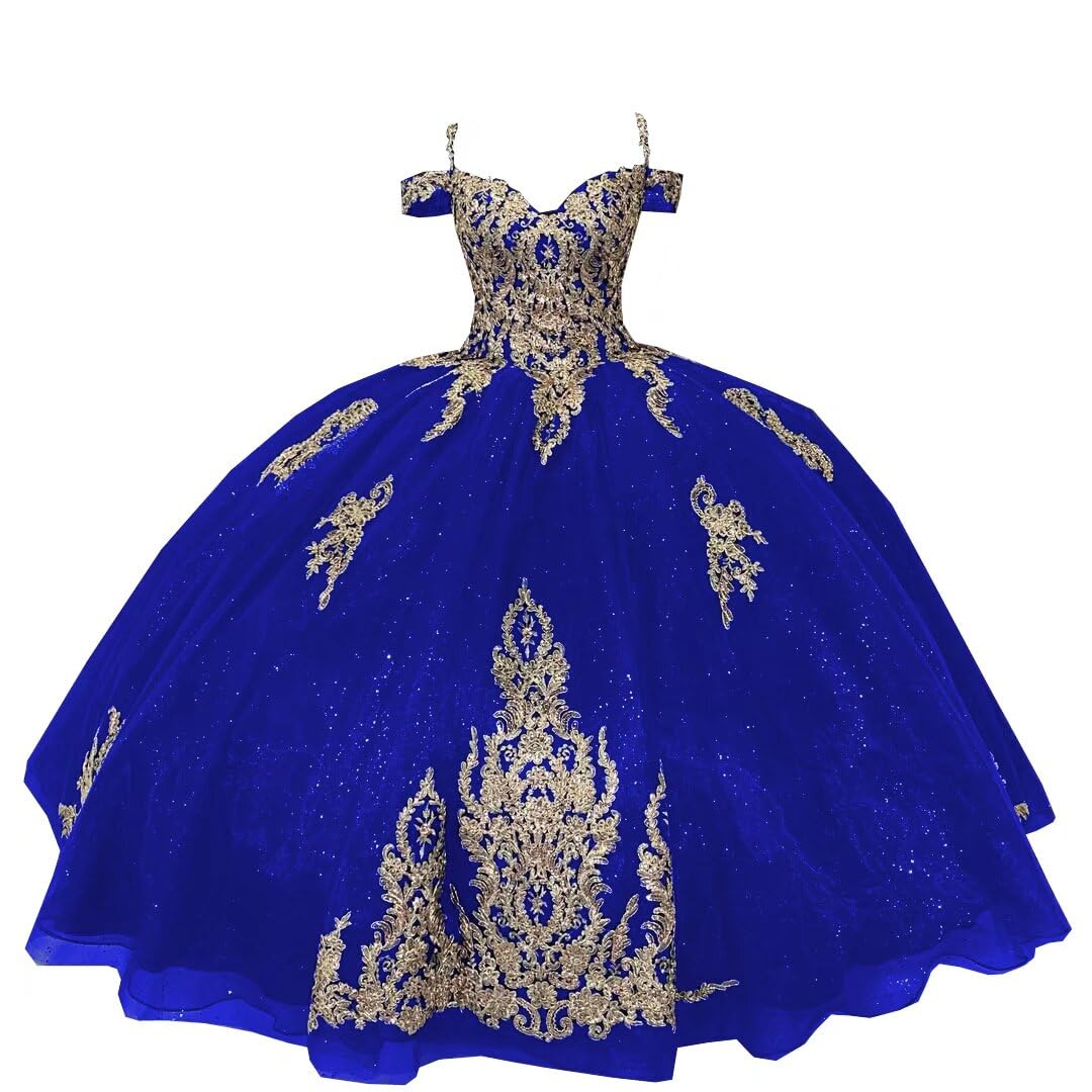 Boho Off Shoulder Ball Gown Quinceañera Dress - Mexican Gold Embroidered Glitter Tulle Prom Evening Dress 2025 | Perfect for Quinceañeras, Prom Nights, Weddings & Special Occasions