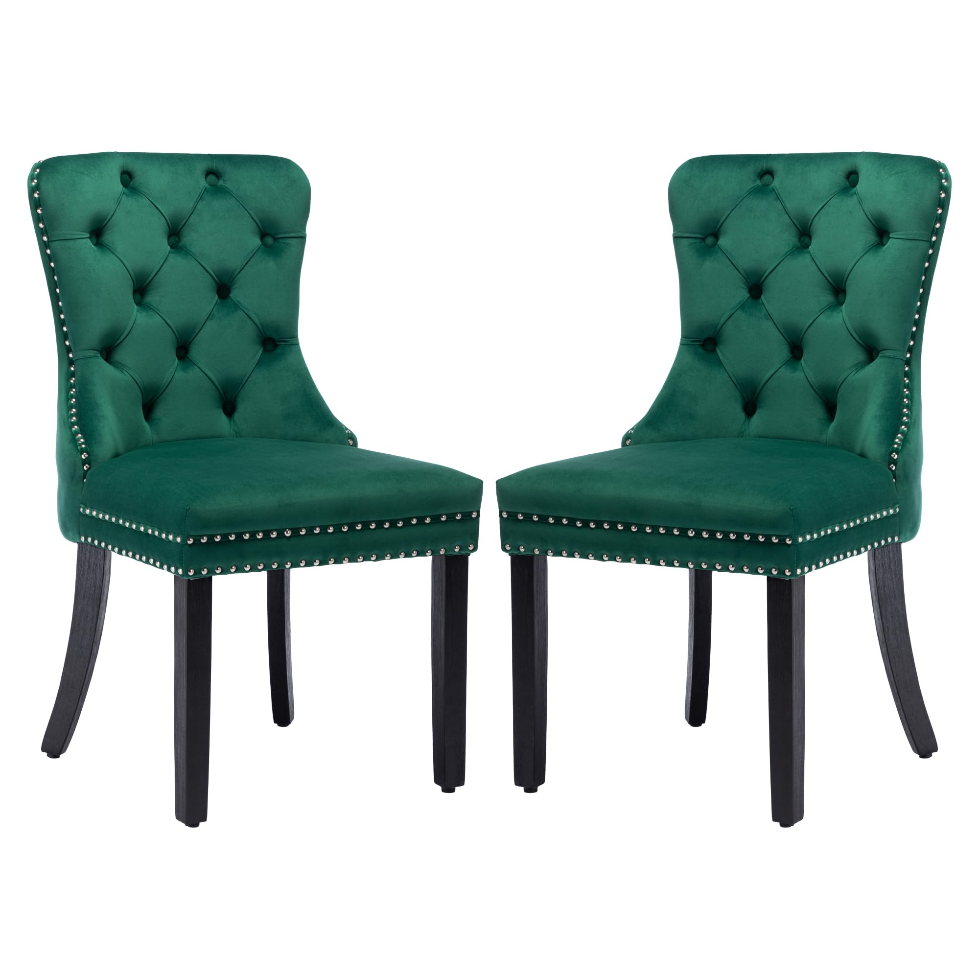 KCC Velvet Dining Chairs Set of 2 - Upholstered Tufted Modern Dining Room Chairs with Nailhead Trim & Solid Wood Legs, Nikki Collection Green Velvet Kitchen Chairs for Dining Room, Restaurant & Home Decor