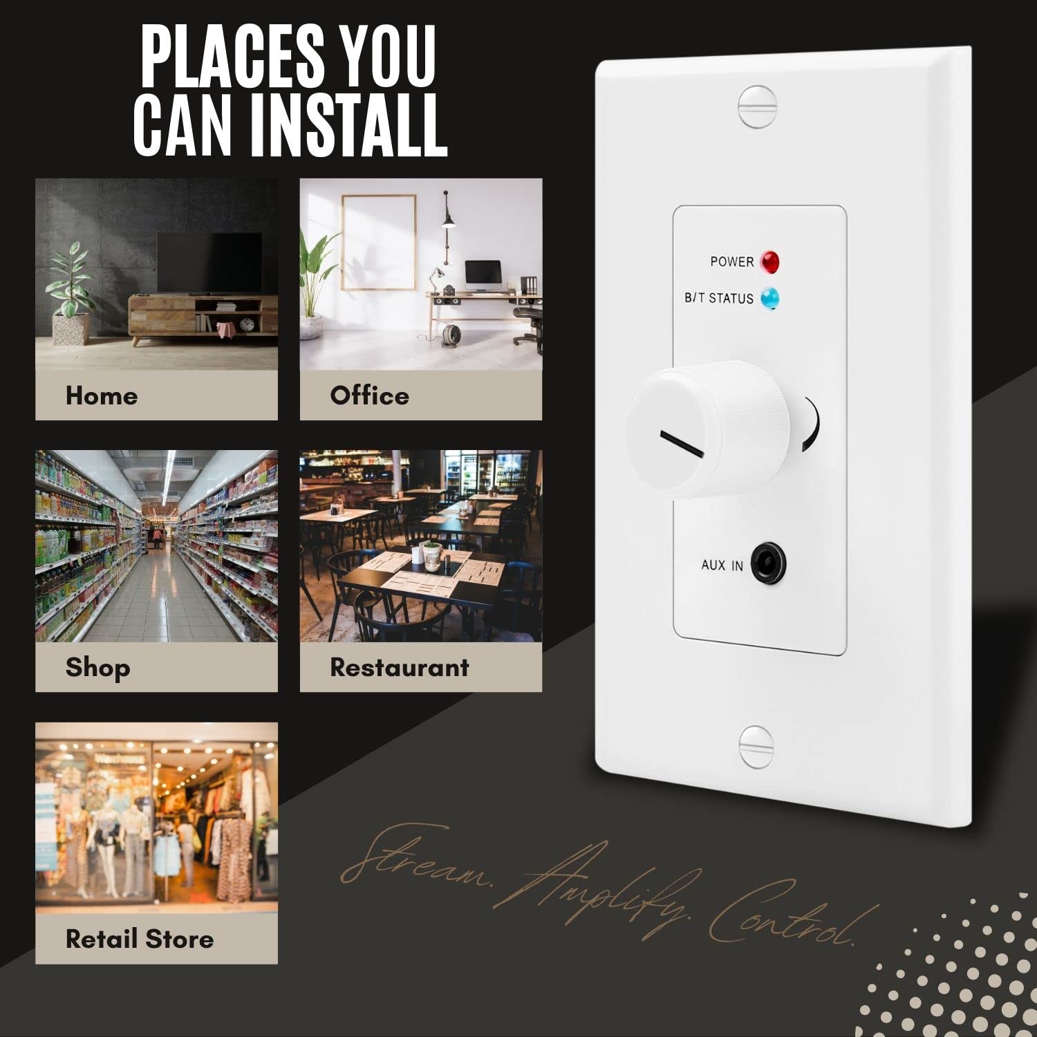 TNP Wireless Bluetooth Audio Receiver Wall Plate Mount - 120W BT 5.0 aptX Hi-Fi Stereo Amplifier with Volume Control & 3.5mm AUX Input for Home Theater, Multi-Room Audio & Speaker Systems - Perfect for Living Room, Bedroom & Office Music Streaming