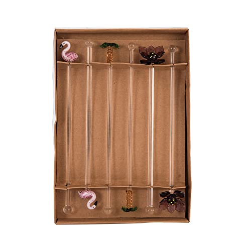 6-Pack Reusable Glass Drink Stirrers - Flamingo Palm Tree Lotus Flower Design for Tropical Cocktails, Beach Parties & Home Bar Decor | Pink Swizzle Sticks for Margaritas, Mojitos & Summer Drinks