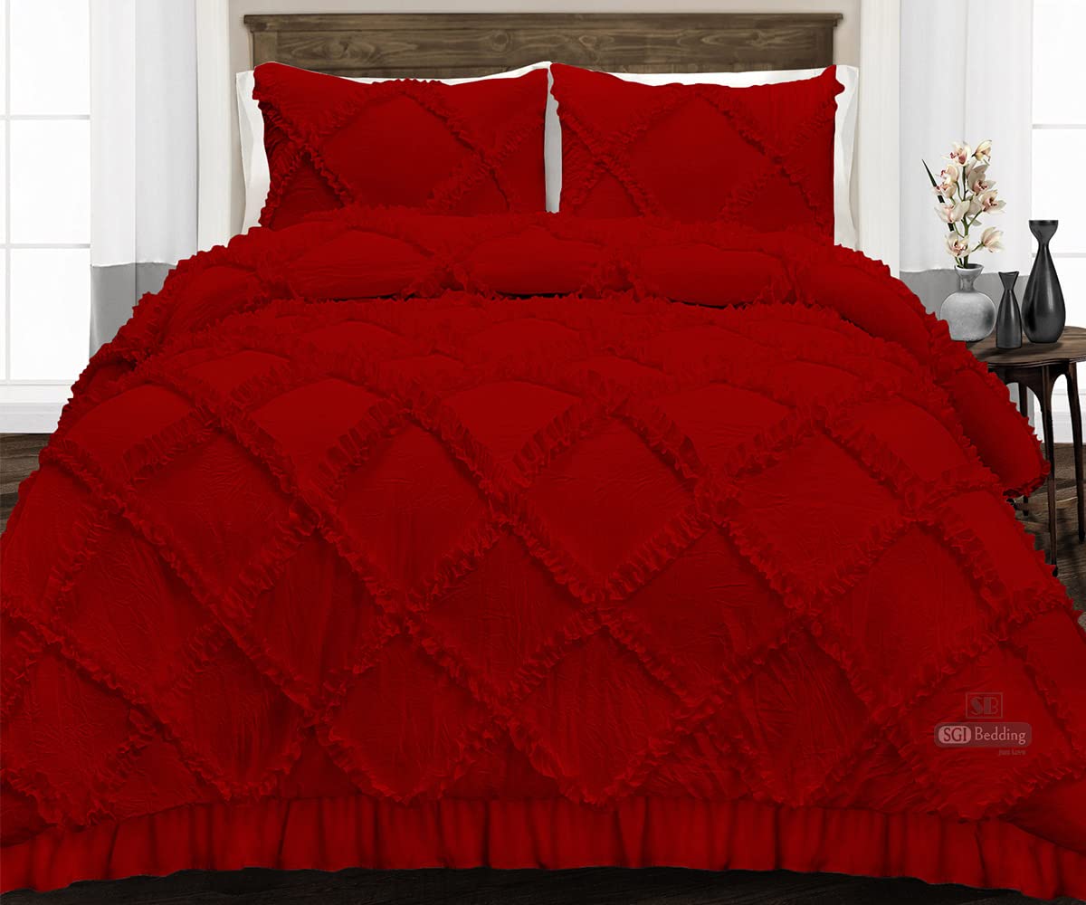 Premium 600 TC Egyptian Cotton Comforter Set with Diamond Ruffle Design - 300 GSM Plush Siliconized Microfiber Fill, Blood Red - Includes Duvet Insert & Pillowcases for Luxurious Bedroom Decor | Perfect for Master Bedrooms, Guest Rooms & Cozy Winter Nights
