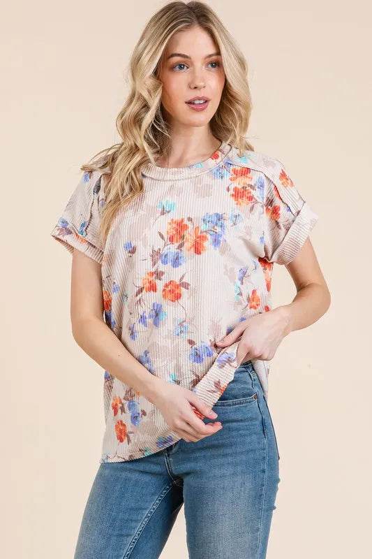 BOMBOM Floral Round Neck Ribbed T-Shirt for Women - Soft Stretch Casual Tee for Everyday Wear, Date Night & Summer Outfits